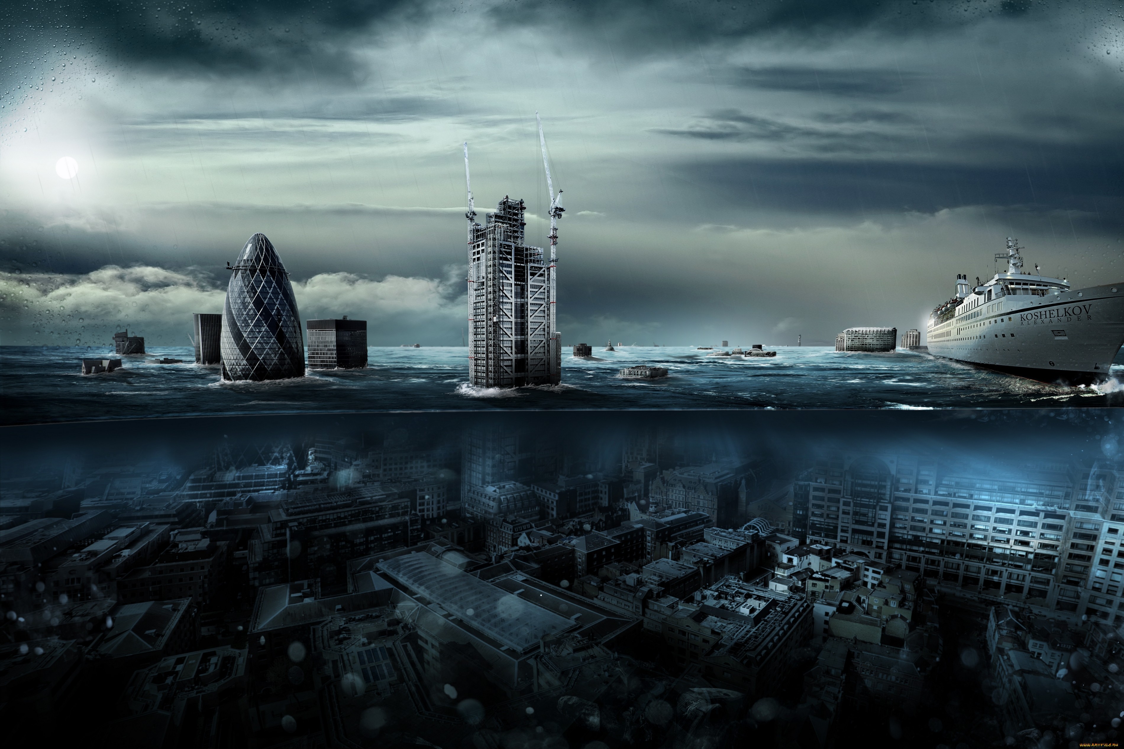 artwork, Fantasy art, Ship, Split view, Sunken cities Wallpaper HD / Desktop and Mobile Background