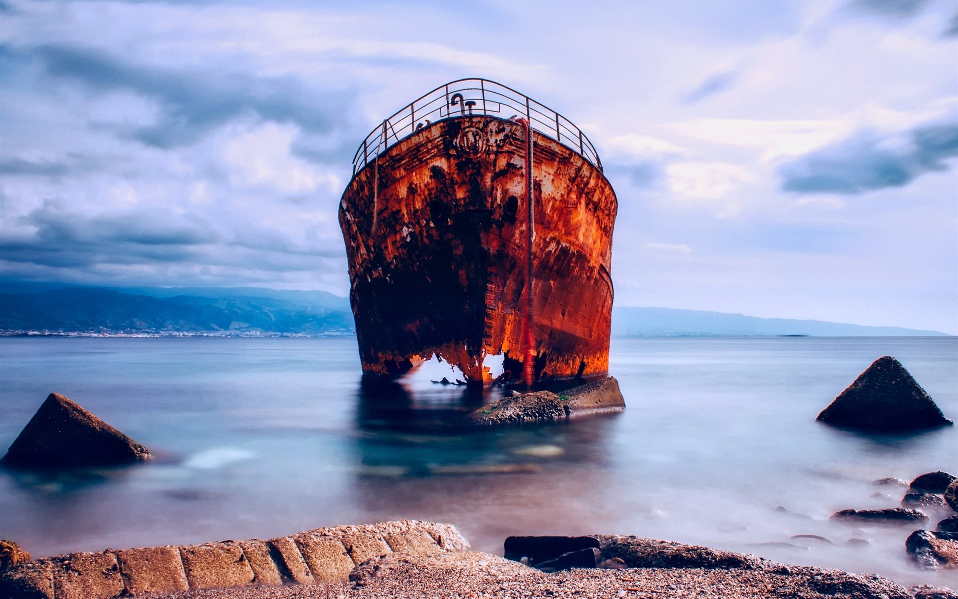 Download wallpaper sunken ship, beach, sea, coast, abandoned ship, evening for desktop with resolution 1920x1200. High Quality HD picture wallpaper