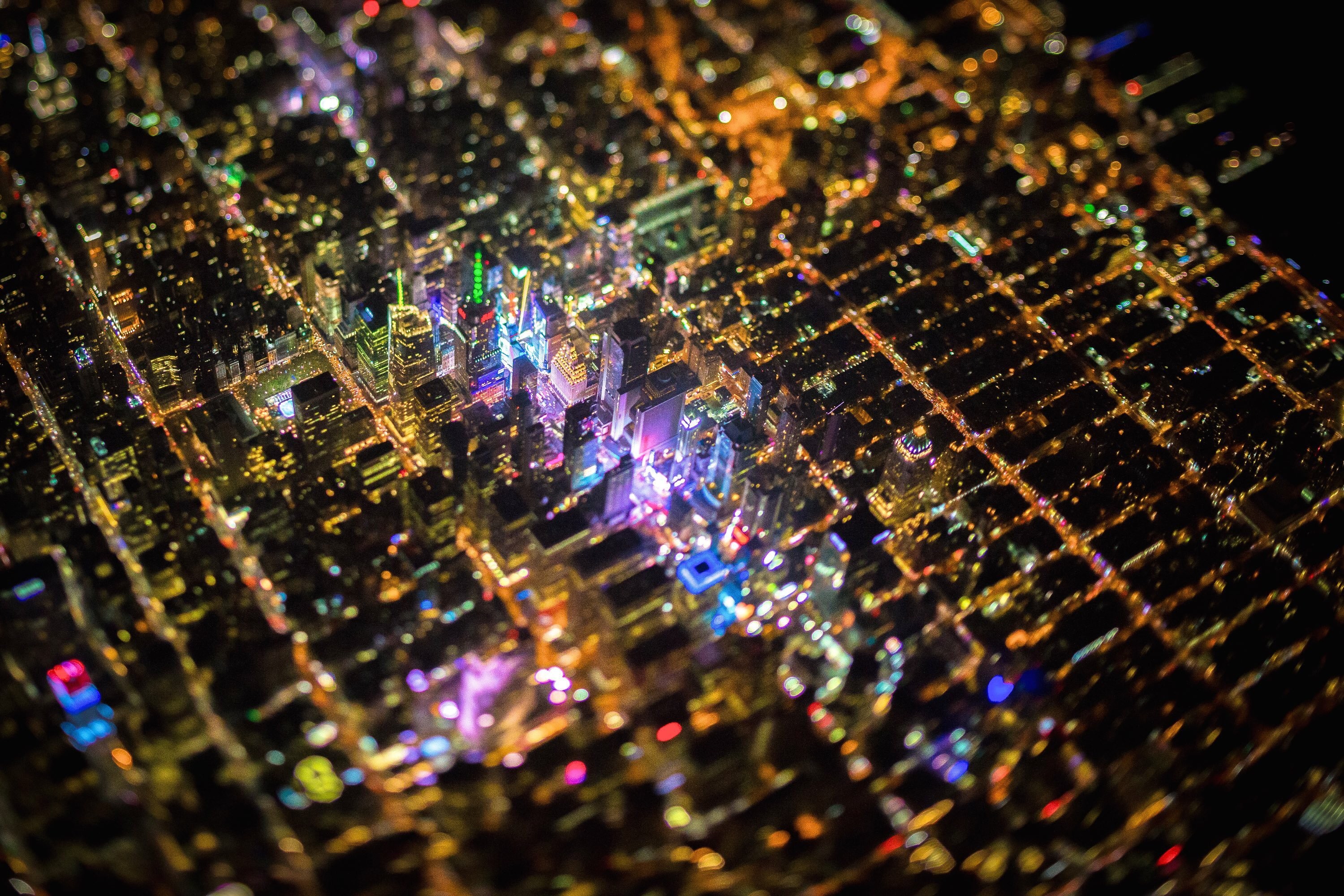 Wallpaper, city, night, New York City, aerial view, USA, Toy, christmas lights, Times Square, tilt shift, light, color, crowd 3000x2000