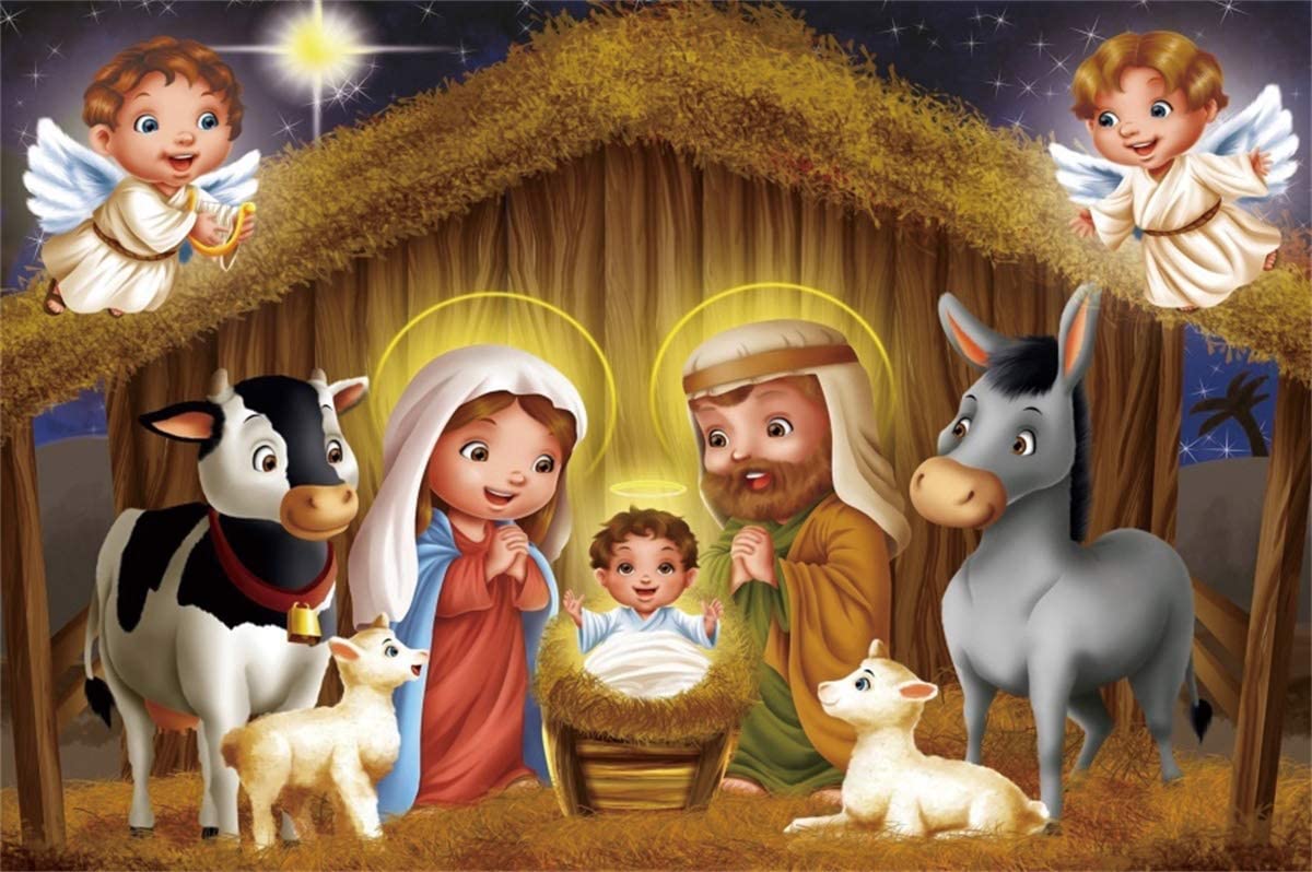 Amazon.com, YEELE 6x4ft Cartoon Nativity Scene Backdrop Baby Jesus in The Manger in Christmas Photography Background Church Picture Wedding Portrait Xmas Party Decor Photo Booth Props Ditigal Wallpaper