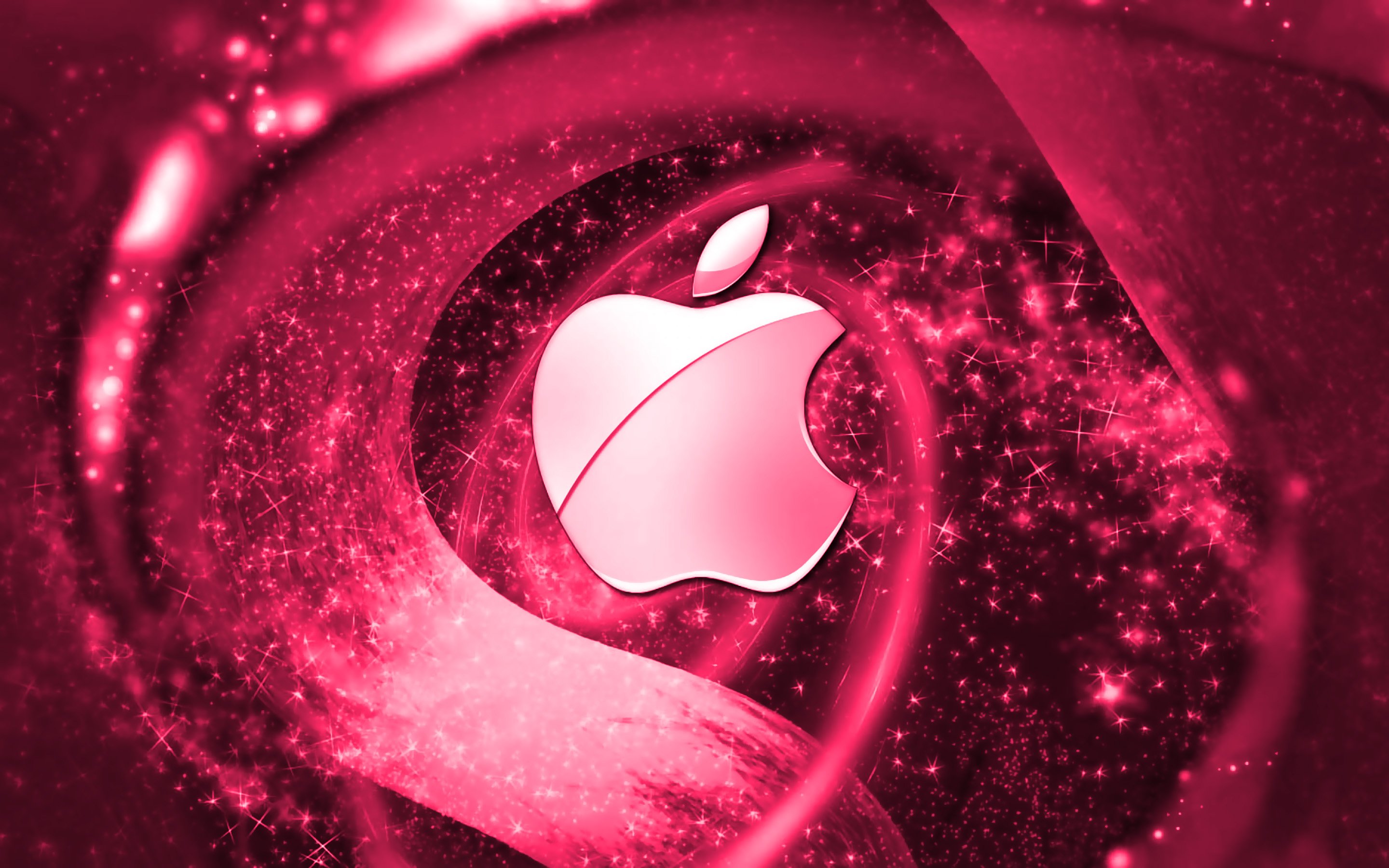 Download wallpaper Apple pink logo, space, creative, Apple, stars, Apple logo, digital art, pink background for desktop with resolution 2880x1800. High Quality HD picture wallpaper