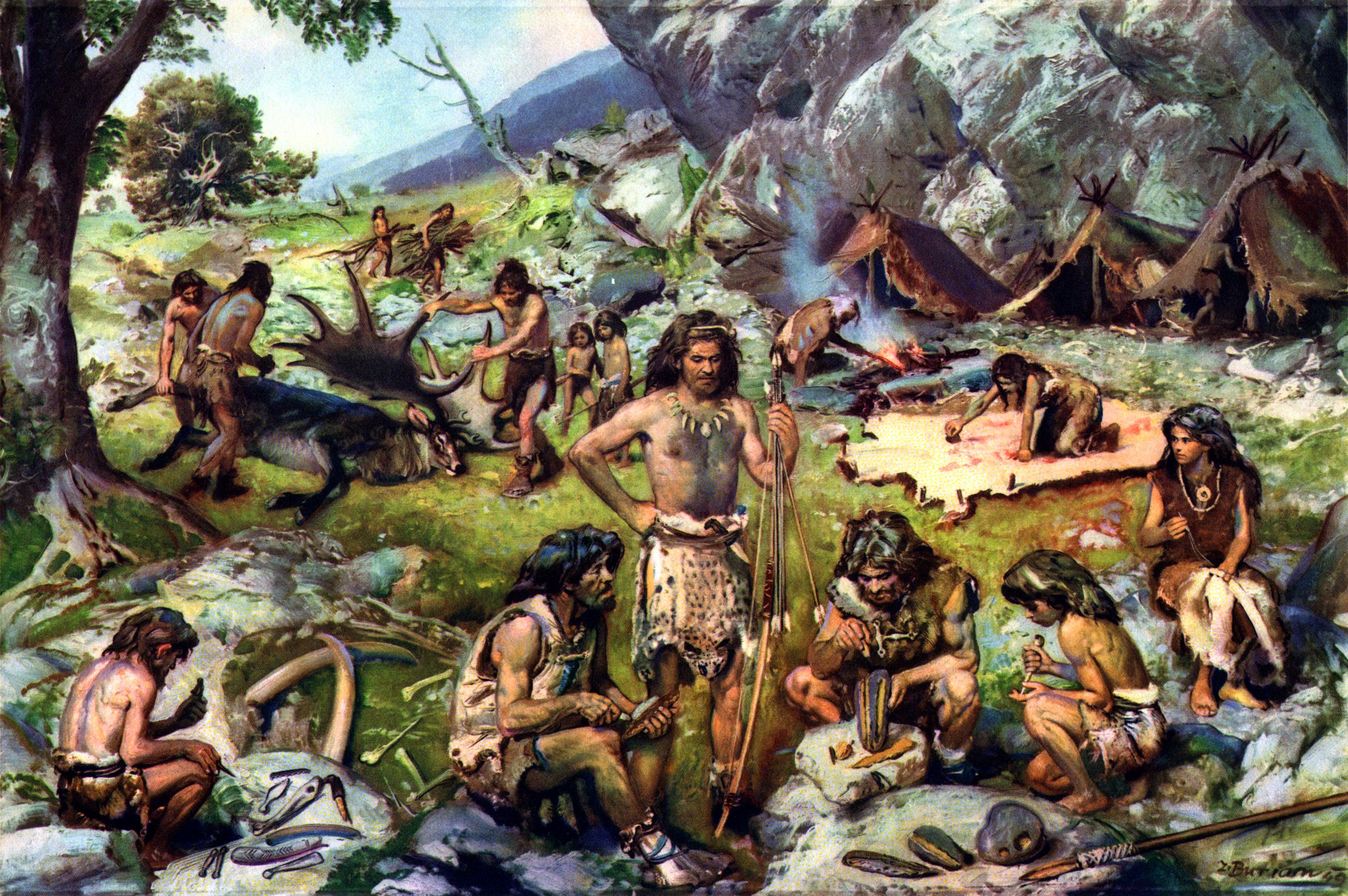 Wallpaper Pictorial art Zdenek Burian Encampment of late palaeolithic hunters, 304651. Prehistory, Prehistoric man, Prehistoric