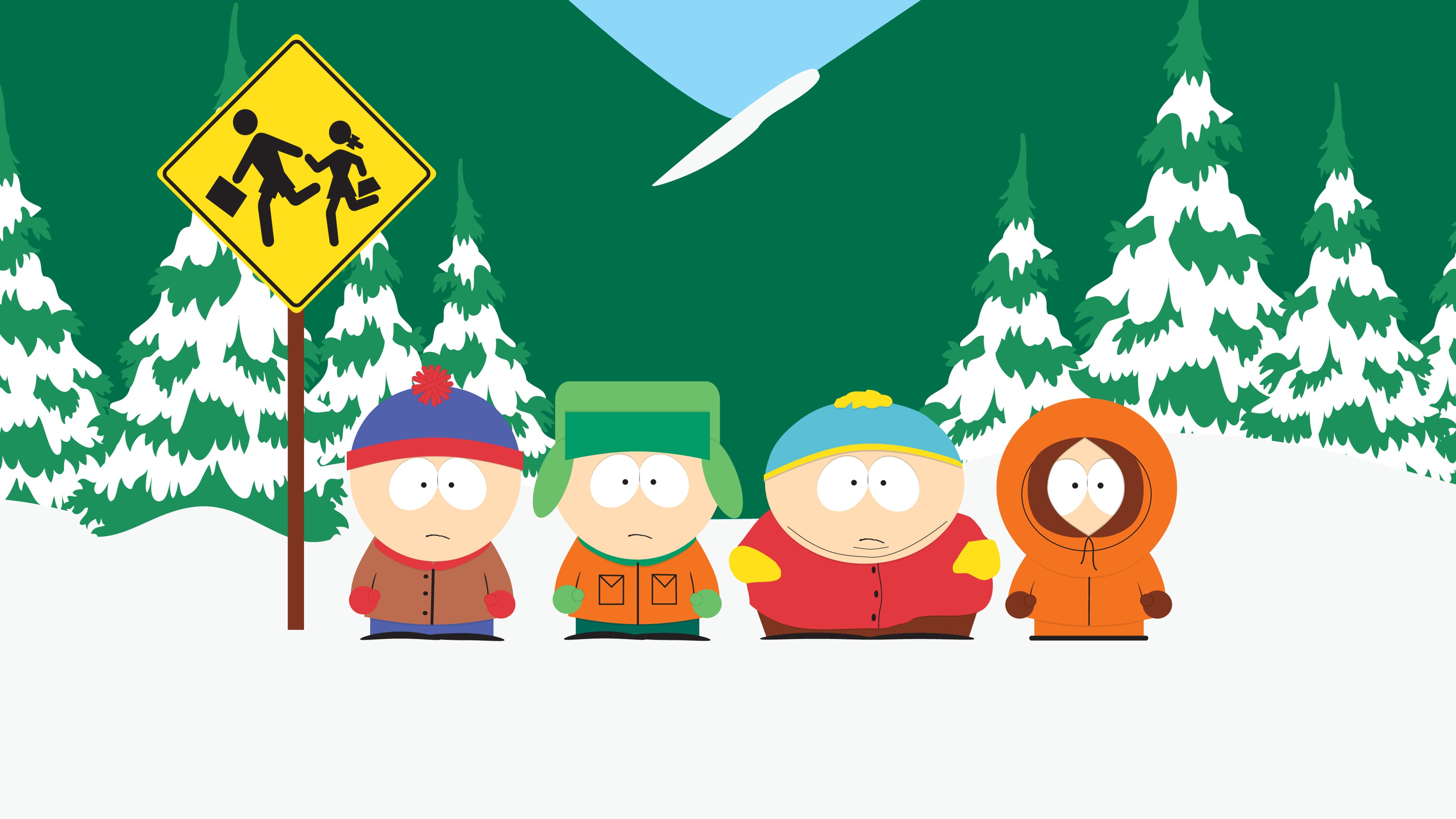 Wallpaper / South Park, Eric Cartman, Kenny McCormick, digital art, series, Kyle Broflovski, Stan Marsh, snow, frontal view