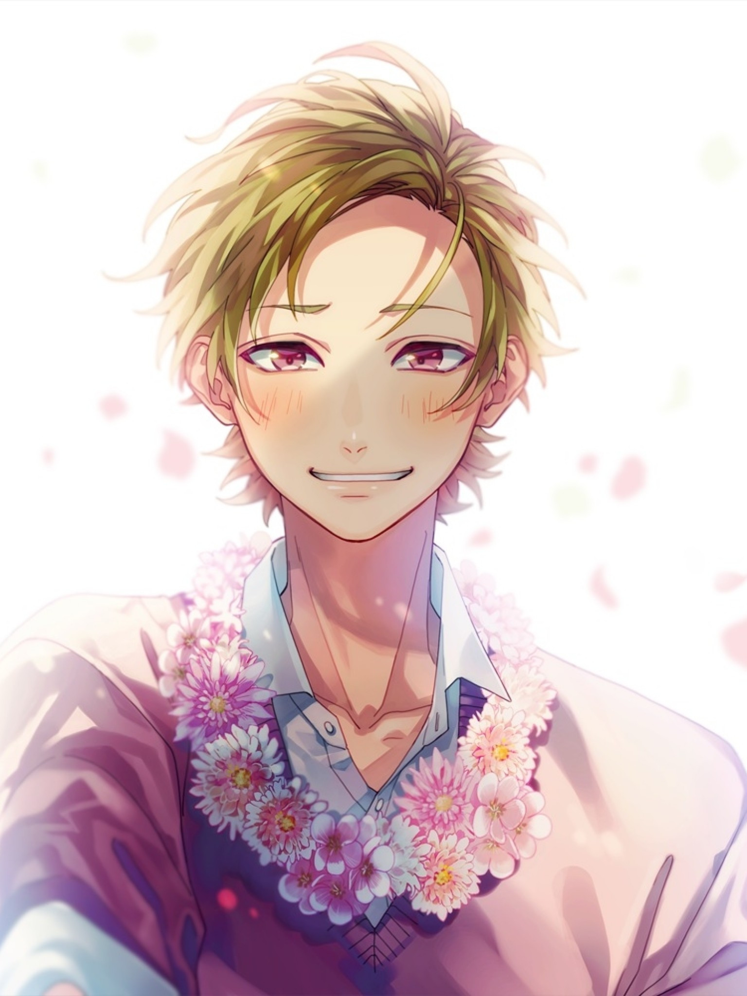 Download 1536x2048 Serizawa Haruki, Zutto Mae Kara Suki Deshita, Blonde, Smiling, Flowers, Petals Wallpaper for Apple iPad Mini, Apple IPad 3, 4