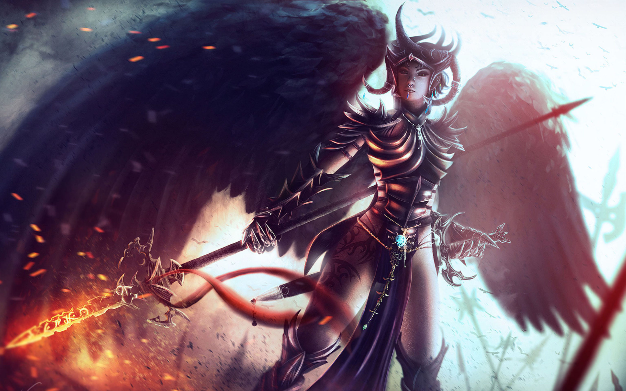 League Of Legends Angel Female Warrior Artwork Art Wings Sword Angel Demon Fantasy Wallpaper, Wallpaper13.com