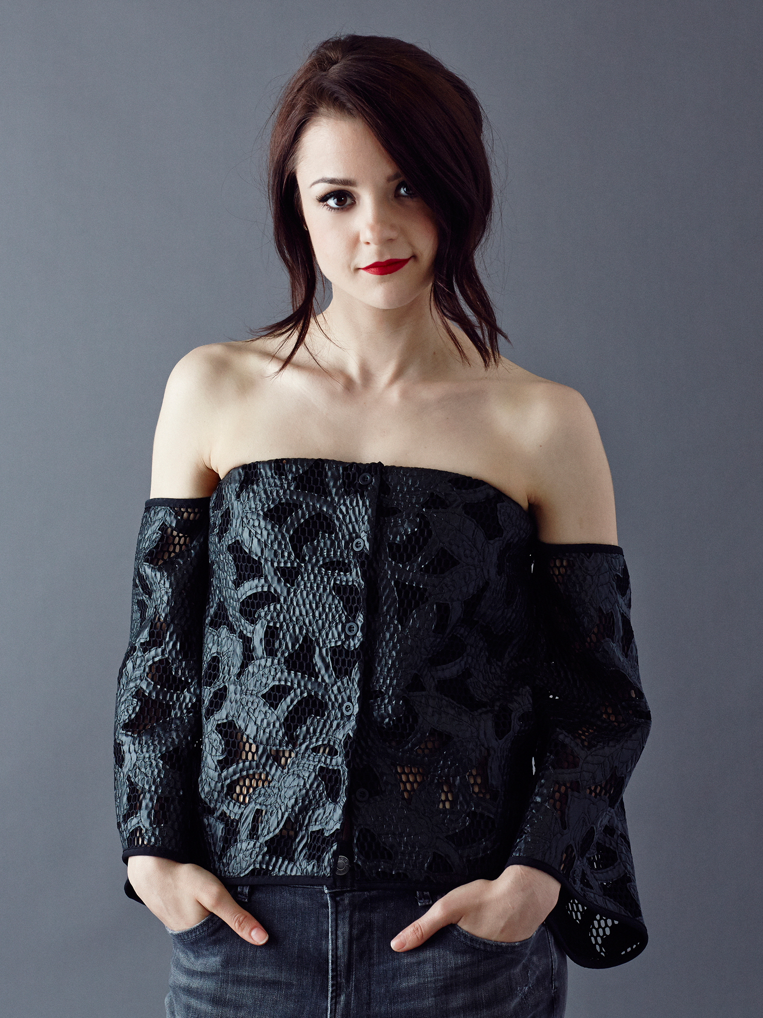 Wallpaper, kathryn prescott, women, actress, simple background, brunette, bare shoulders, red lipstick, portrait, hands in pockets 1536x2048