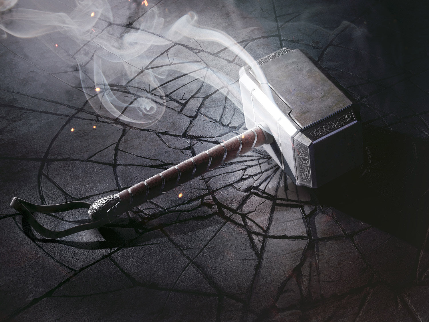 Wallpaper, Mjolnir, hammer, smoke, cracked, weapon, Thor 1500x1125