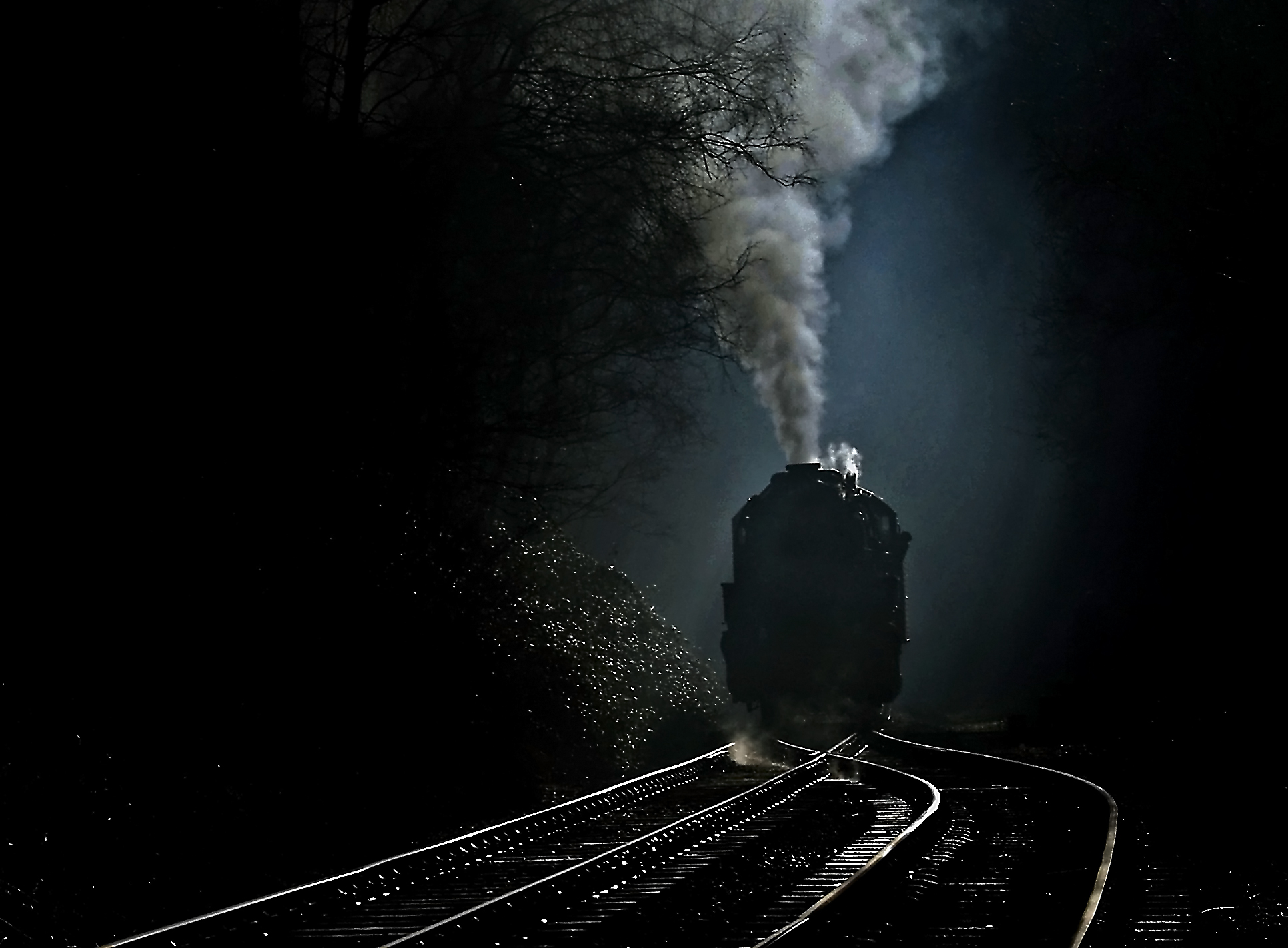 Wallpaper, night, water, sky, Halloween, smoke, train, Earth, ghost, universe, locomotive, midnight, steam, darkness, computer wallpaper, atmosphere of earth, black and white, outer space, phenomenon, ghosttrain, graphy, visual effects