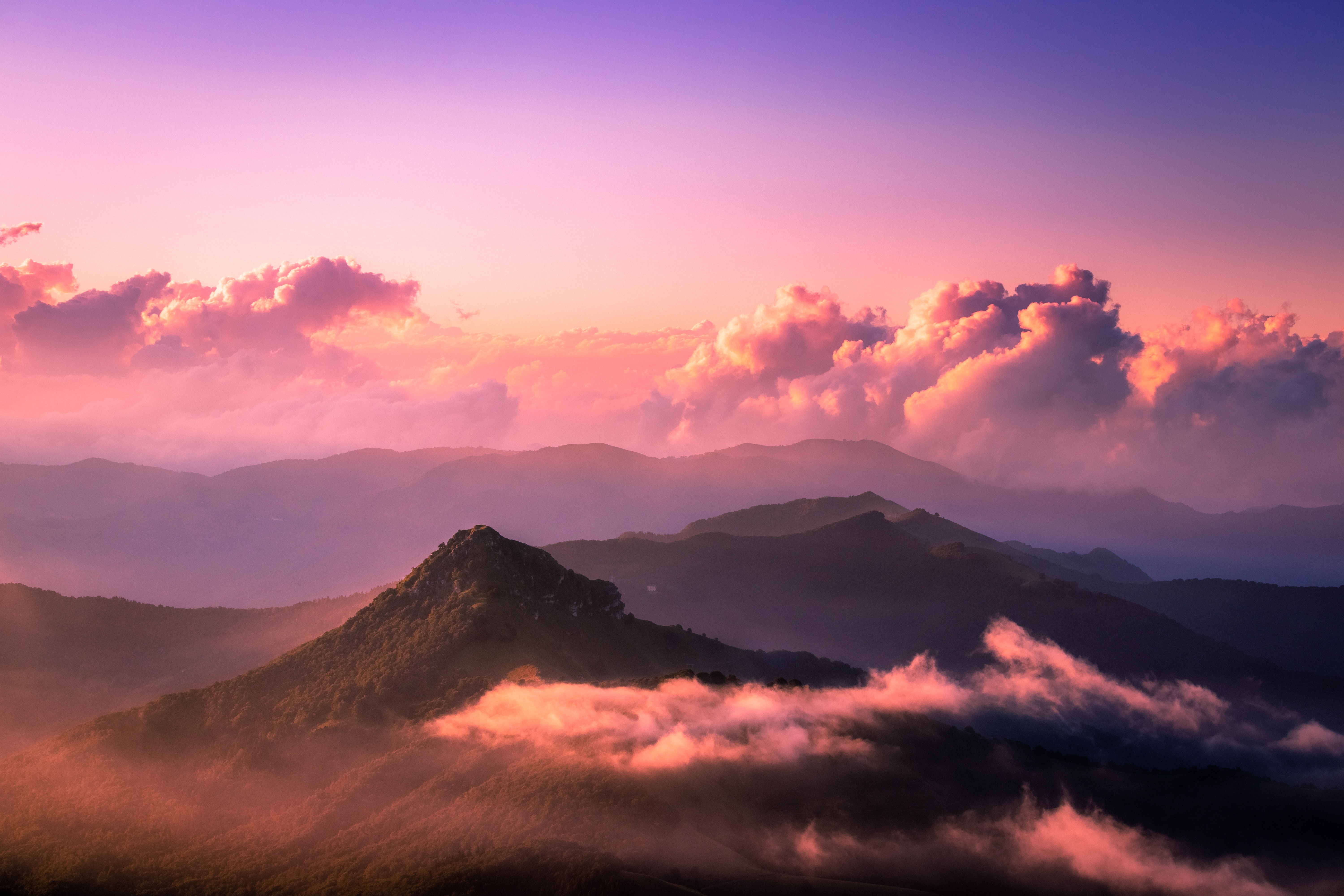 6000x4000 myst, Creative Commons image, fog, dawn, mist, cloud, landscape, cloudscape, sunrise, wallpaper, summit, hike, nature, mountain, outdoors, pink, colour, color, peak. Mocah HD Wallpaper