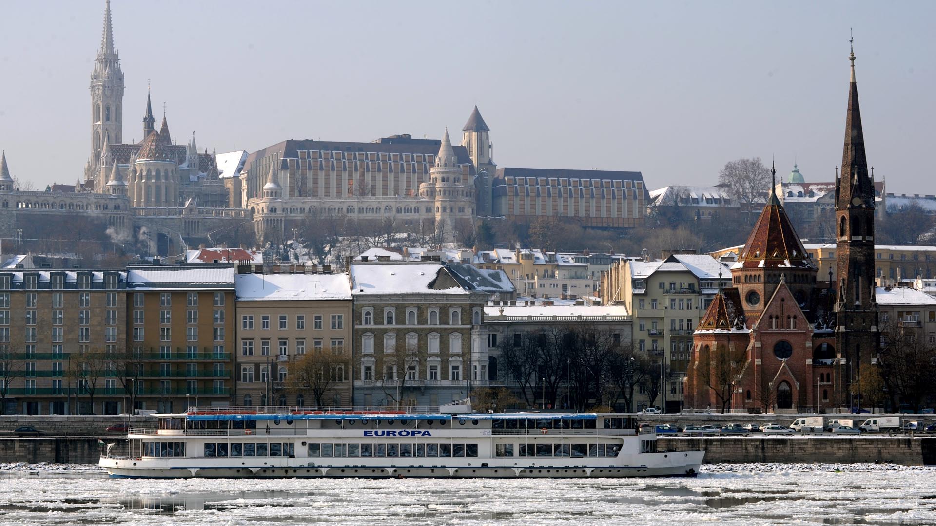 Wallpaper, winter, snow, river, Hungary, Budapest, tower, cruise ship, church, building, Donau, ice, cityscape 1920x1080