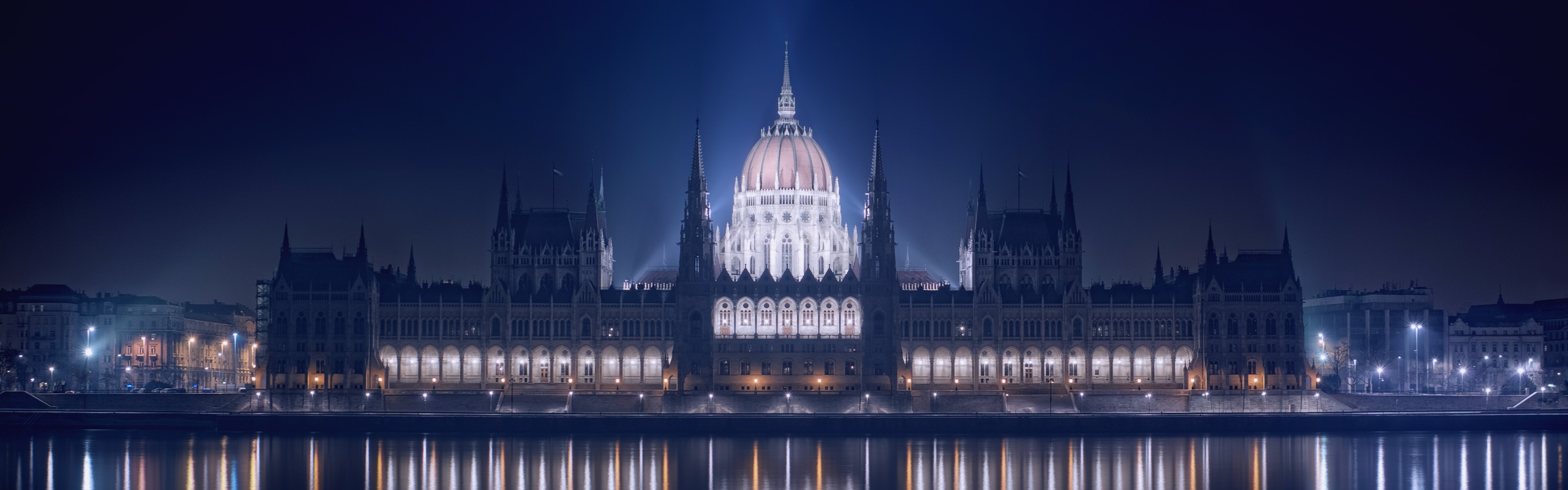 Wallpaper Hungary, Budapest, buildings, river, illumination, night 3840x1200 Multi Monitor Panorama Picture, Image