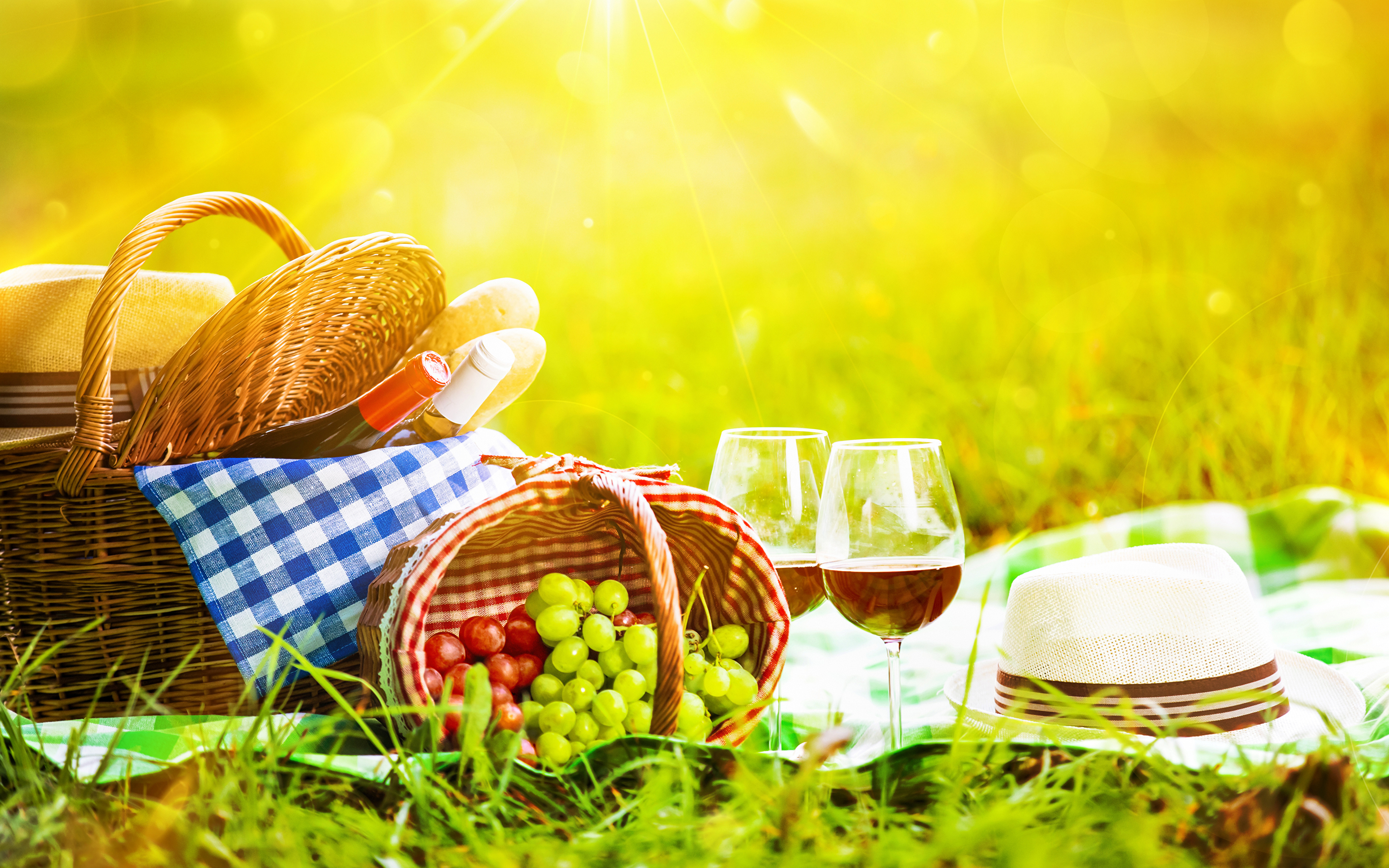 Wallpaper Picnic Hat Wine Grapes Wicker basket Food Grass 3840x2400
