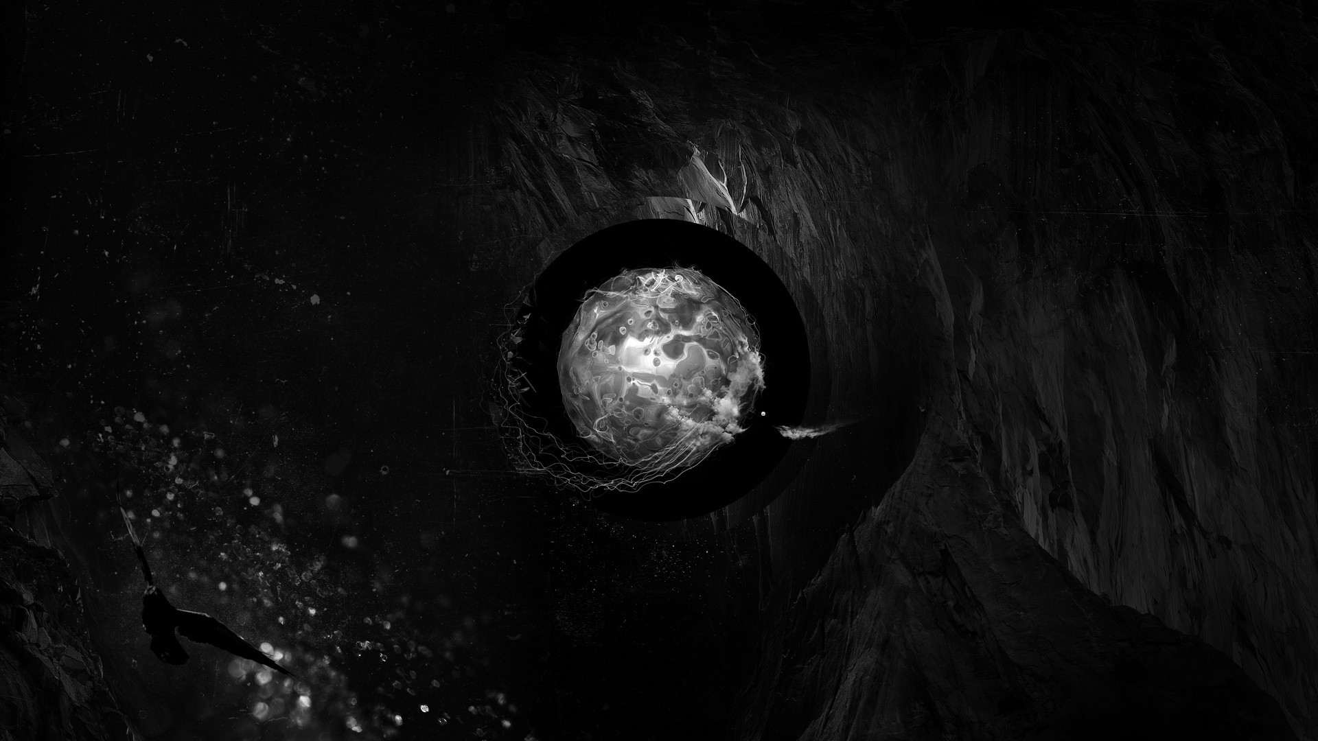 1920x1080 alecio calixto digital art minimalism monochrome abstract globes sphere circle birds dark cave wallpaper JPG 317 kB