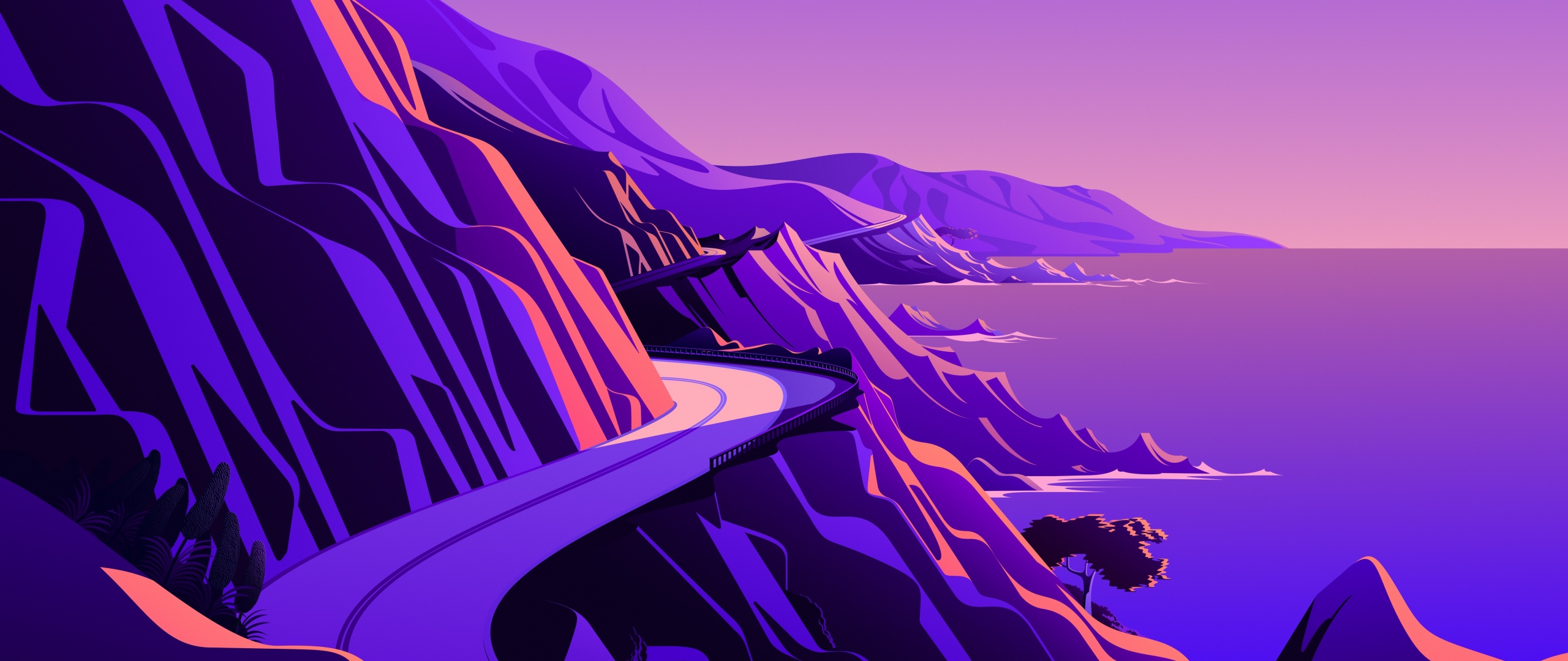 Coastline Wallpaper 4K, Mountain pass, Road, Twilight, Sunset, Scenery, Nature