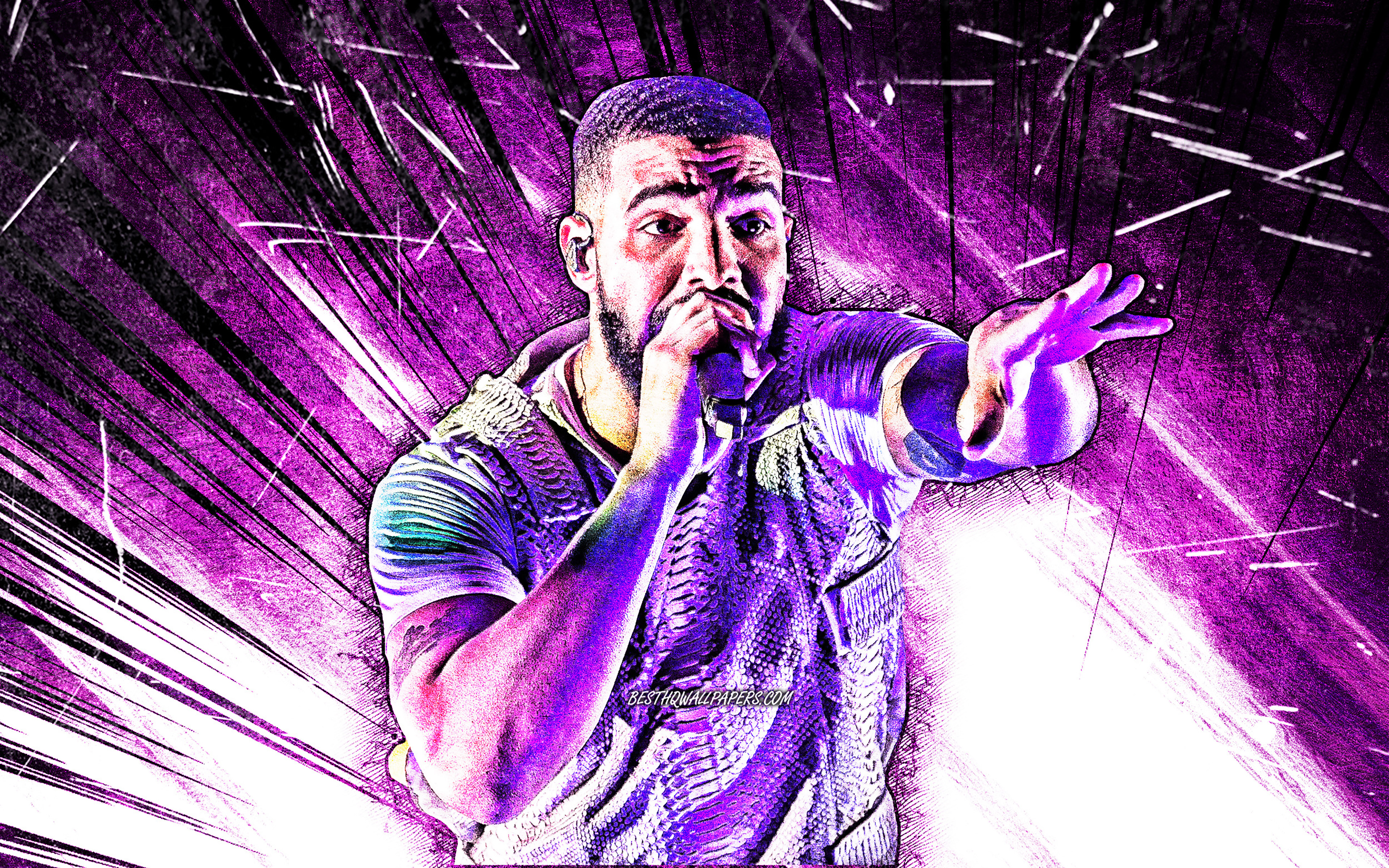 Download wallpaper Drake, grunge art, 4k, canadian rapper, violet abstract rays, music stars, Aubrey Drake Graham, Drake with microphone, creative, Drake 4K for desktop with resolution 3840x2400. High Quality HD picture wallpaper