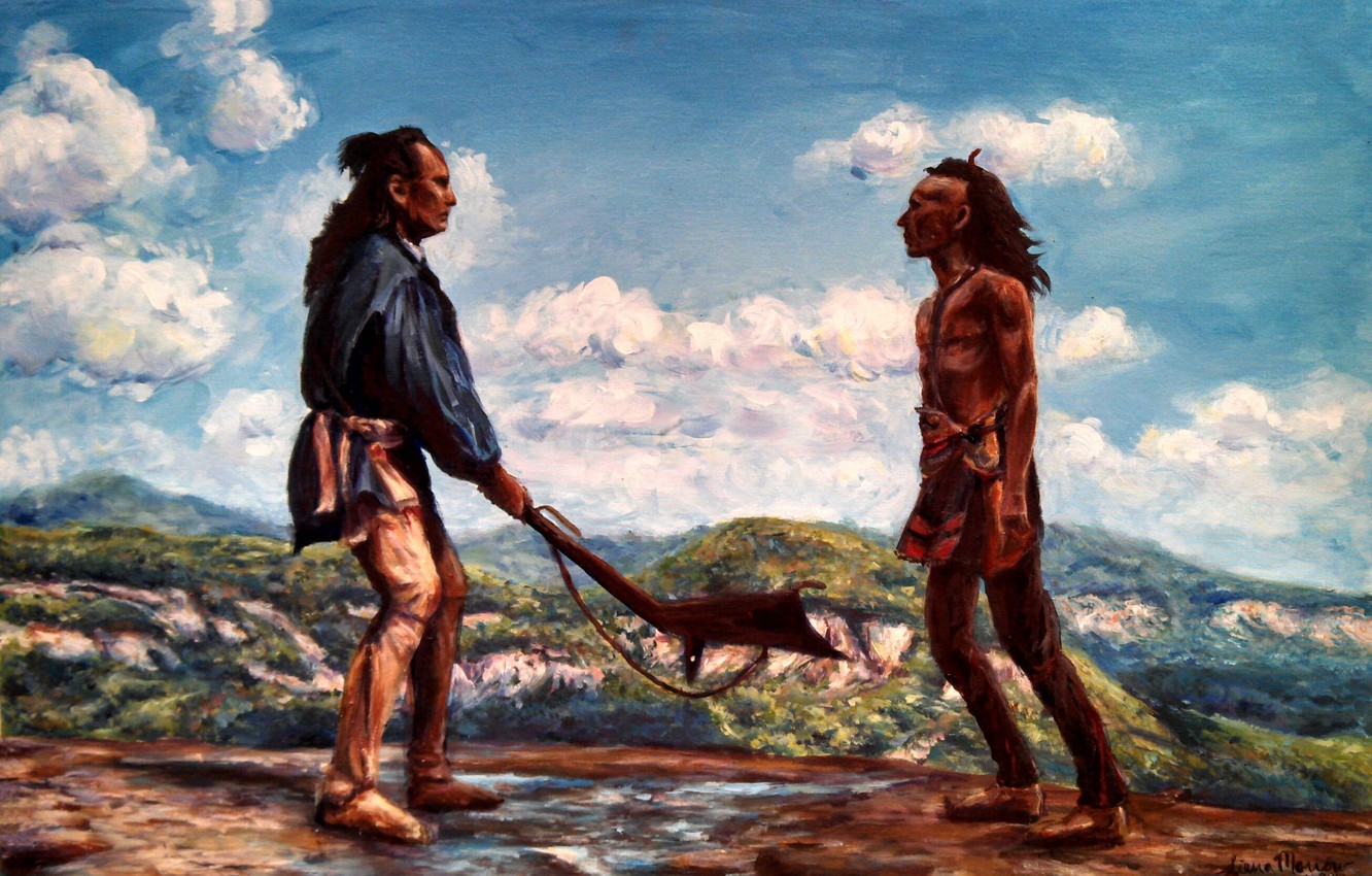 Wallpaper the sky, clouds, rocks, figure, the Indians, the fight, The last of the Mohicans image for desktop, section живопись