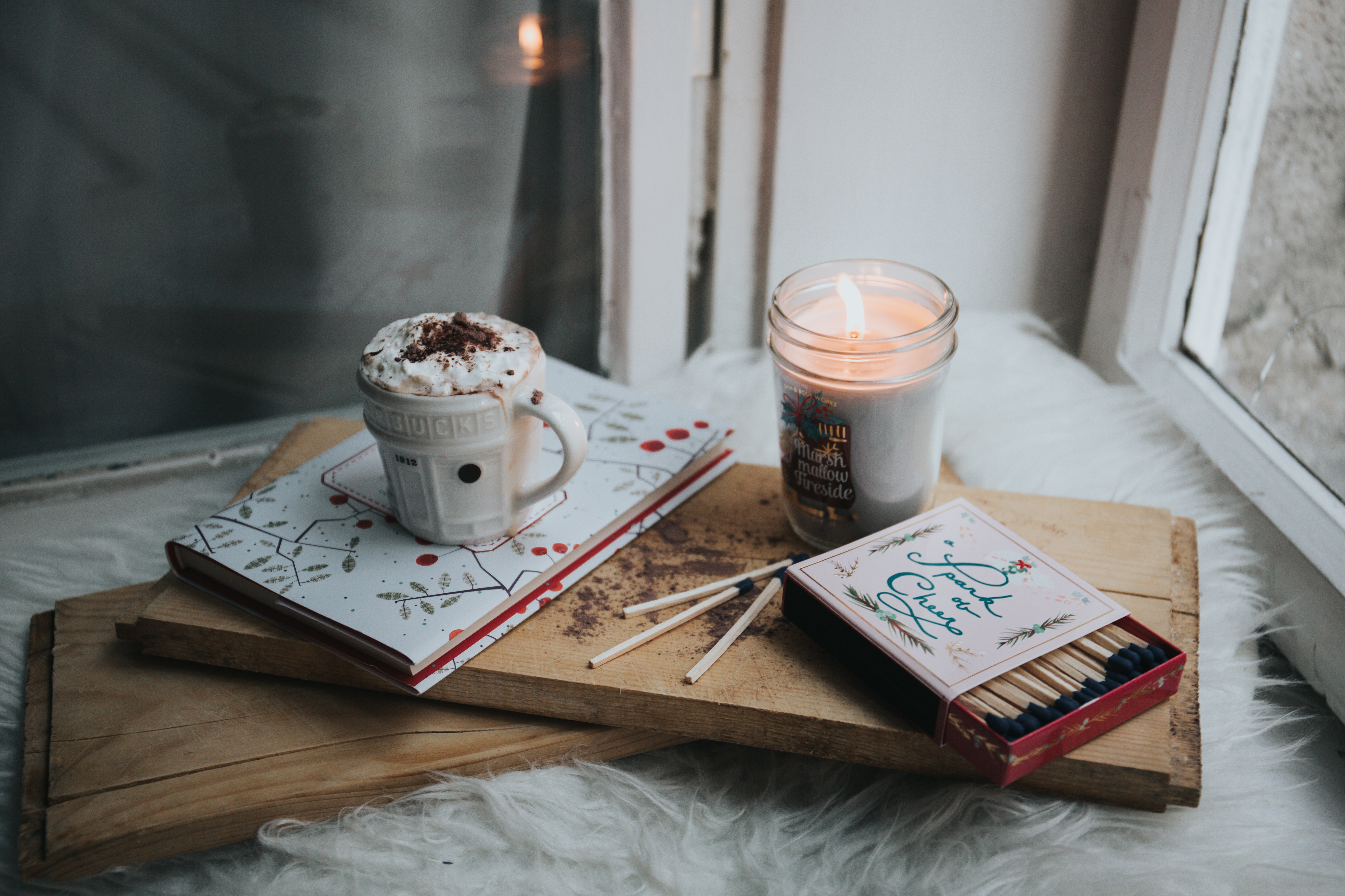5760x3840 candle, Free image, winter, decor, match, coffee, holiday, christma, warm, book, cozy