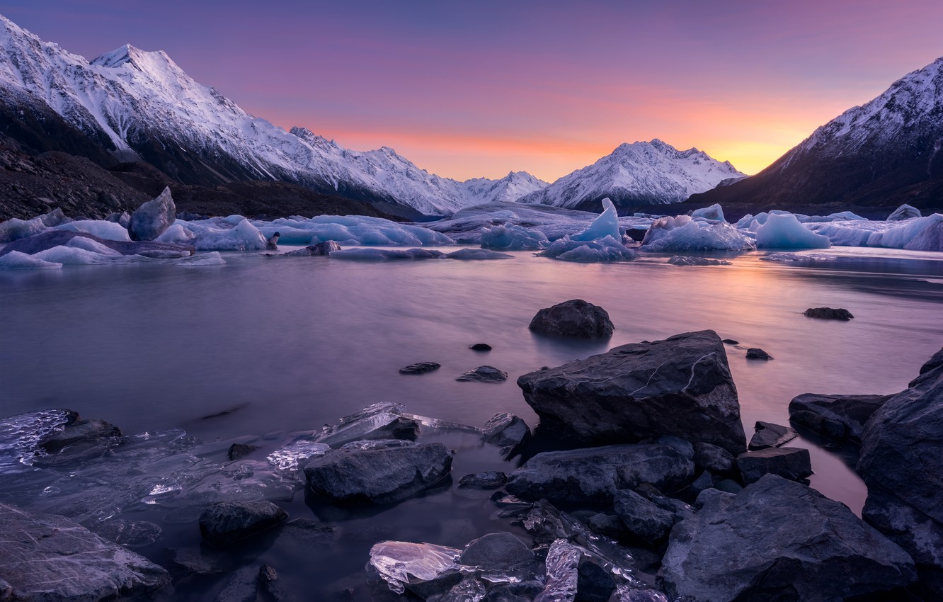 Wallpaper ice, winter, the sky, clouds, snow, landscape, sunset, mountains, nature, lake, stones, lilac, pink, shore, the slopes, ice image for desktop, section пейзажи