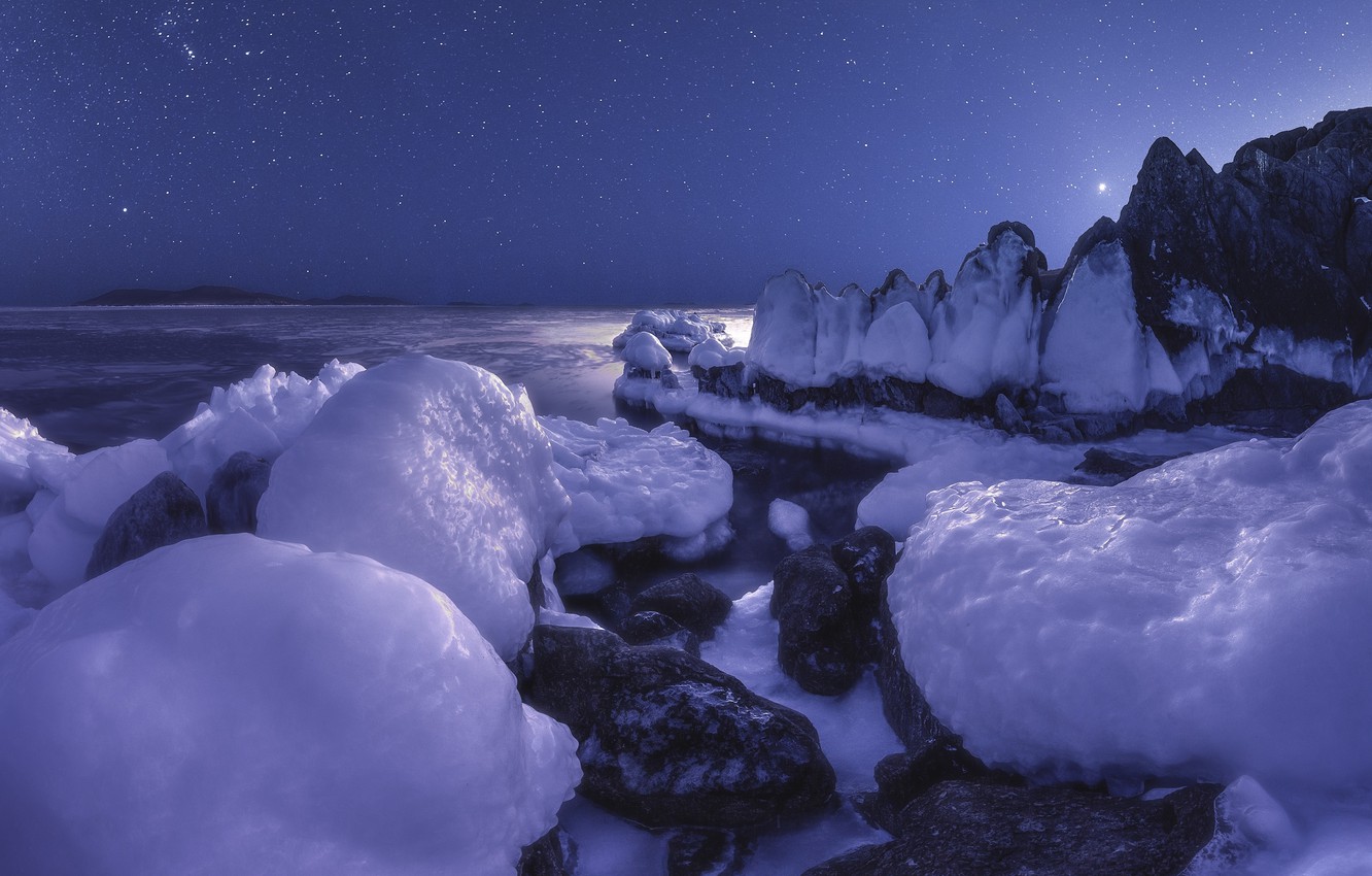 Wallpaper winter, sea, snow, landscape, night, nature, rocks, ice, stars, Primorsky Krai image for desktop, section пейзажи