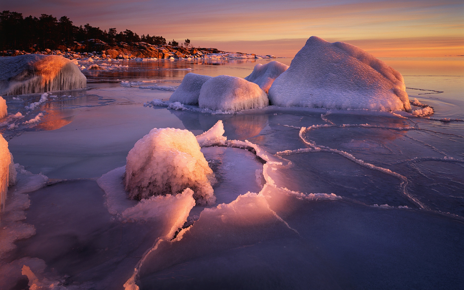 Wallpaper The winter icing shores, water ice, warm sunset 1920x1200 HD Picture, Image