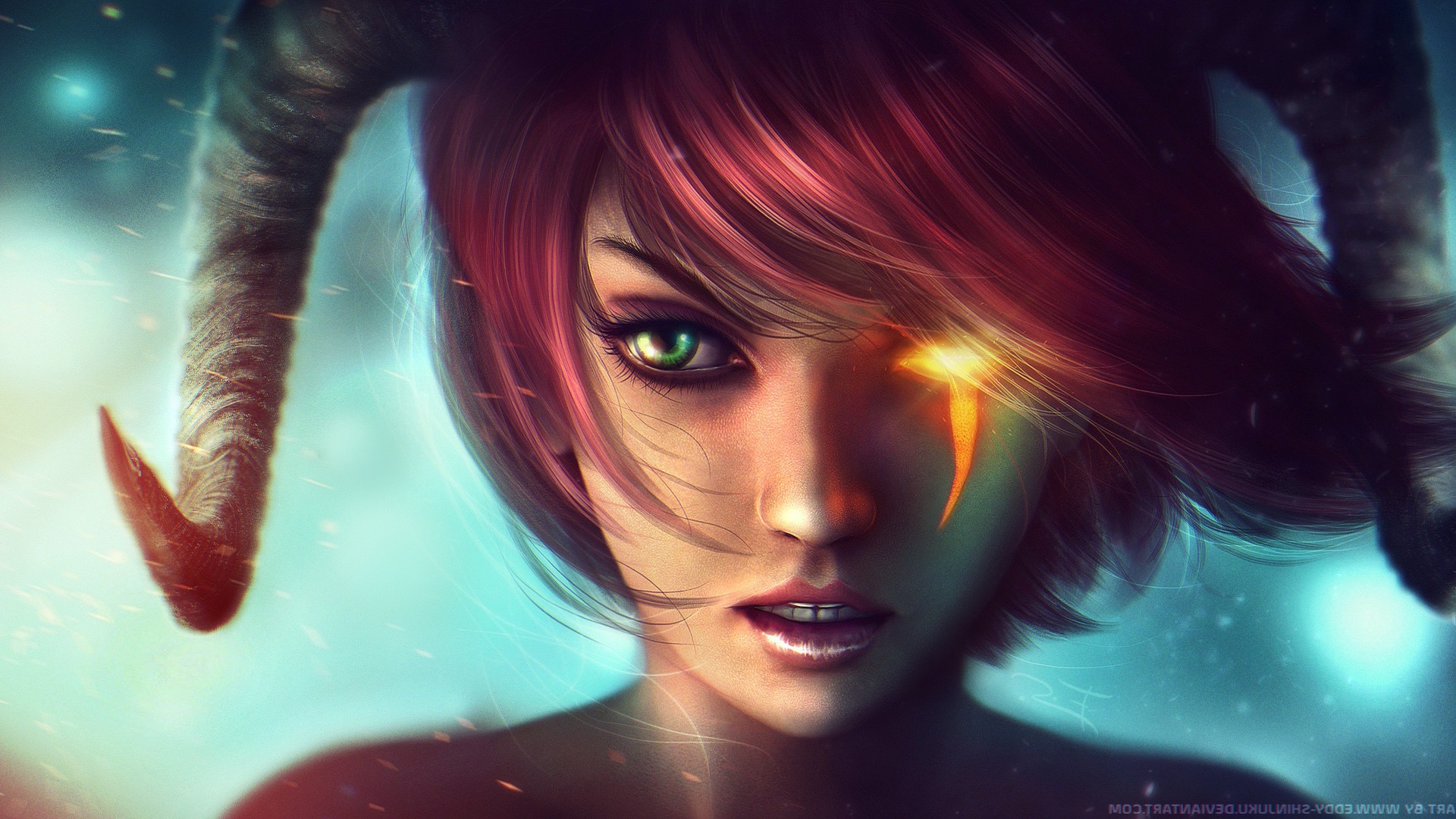 1920x1080 fantasy art devils green eyes horns realistic wallpaper JPG 481 kB