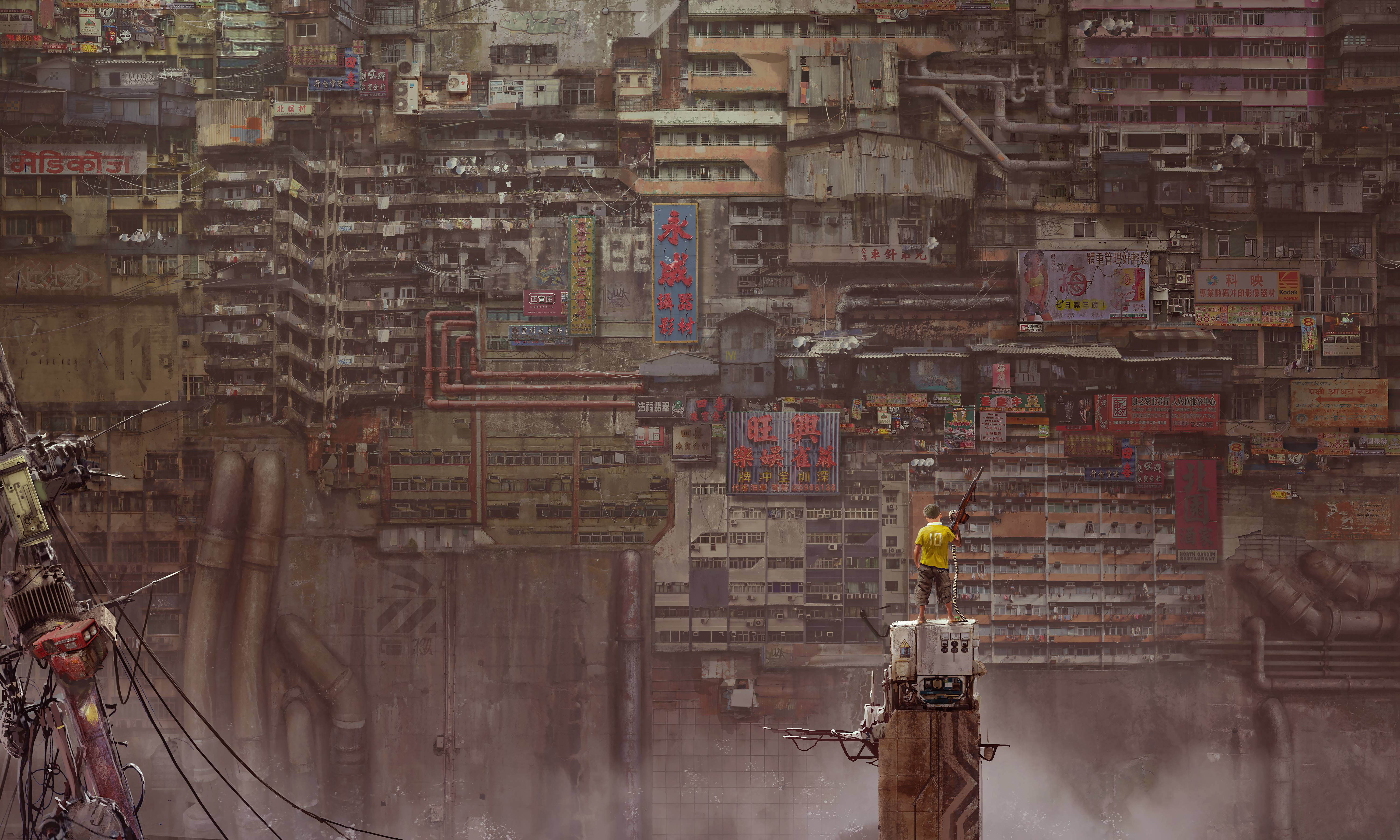 Boy With Gun Apocalypse Kowloon Walled City Art 5k, HD Artist, 4k Wallpaper, Image, Background, Photo and Picture