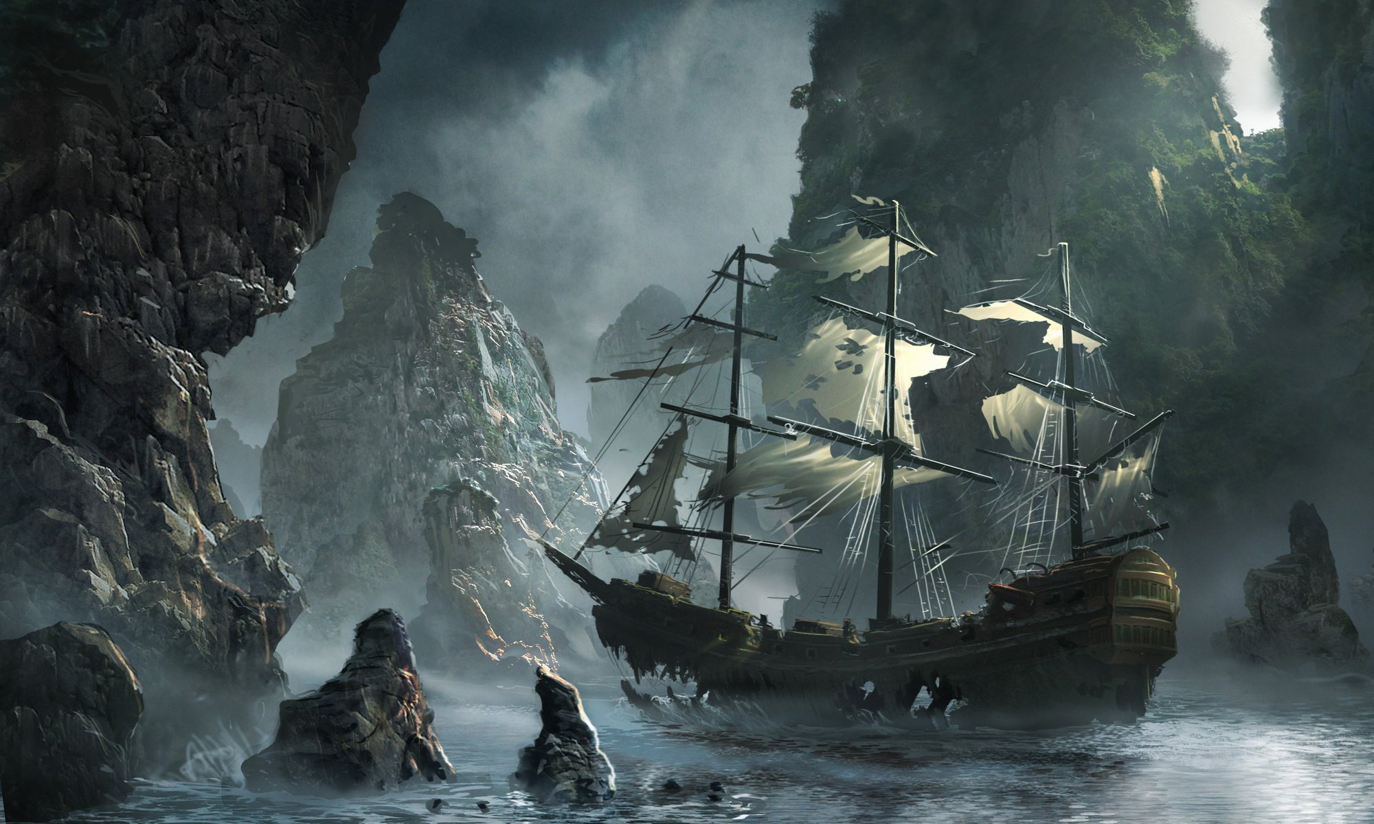 The flying Dutchman Ghost ship approaching matchack his michal matczak storm art stones sea ship Ghost HD wallpaper