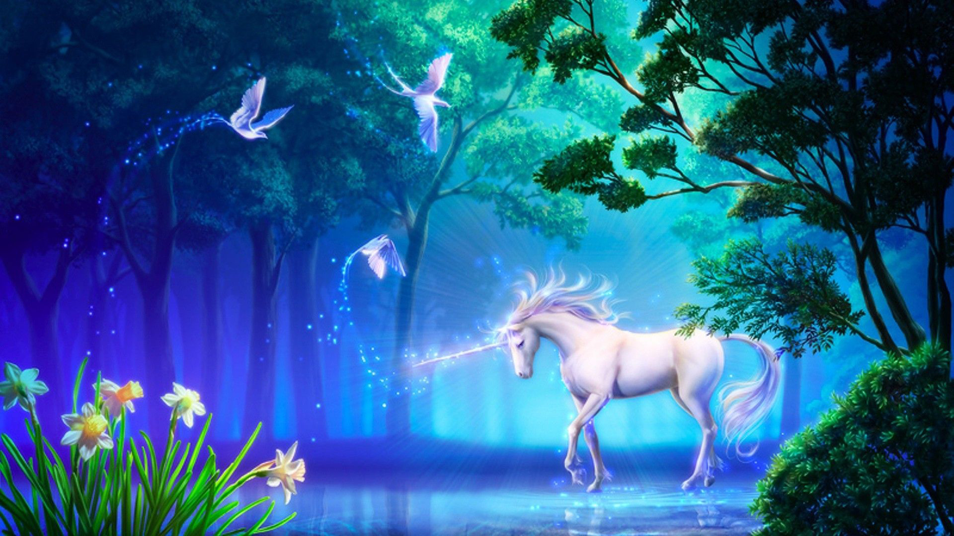 Fantasy White Unicorn In Blue Background HD Unicorn Wallpaper