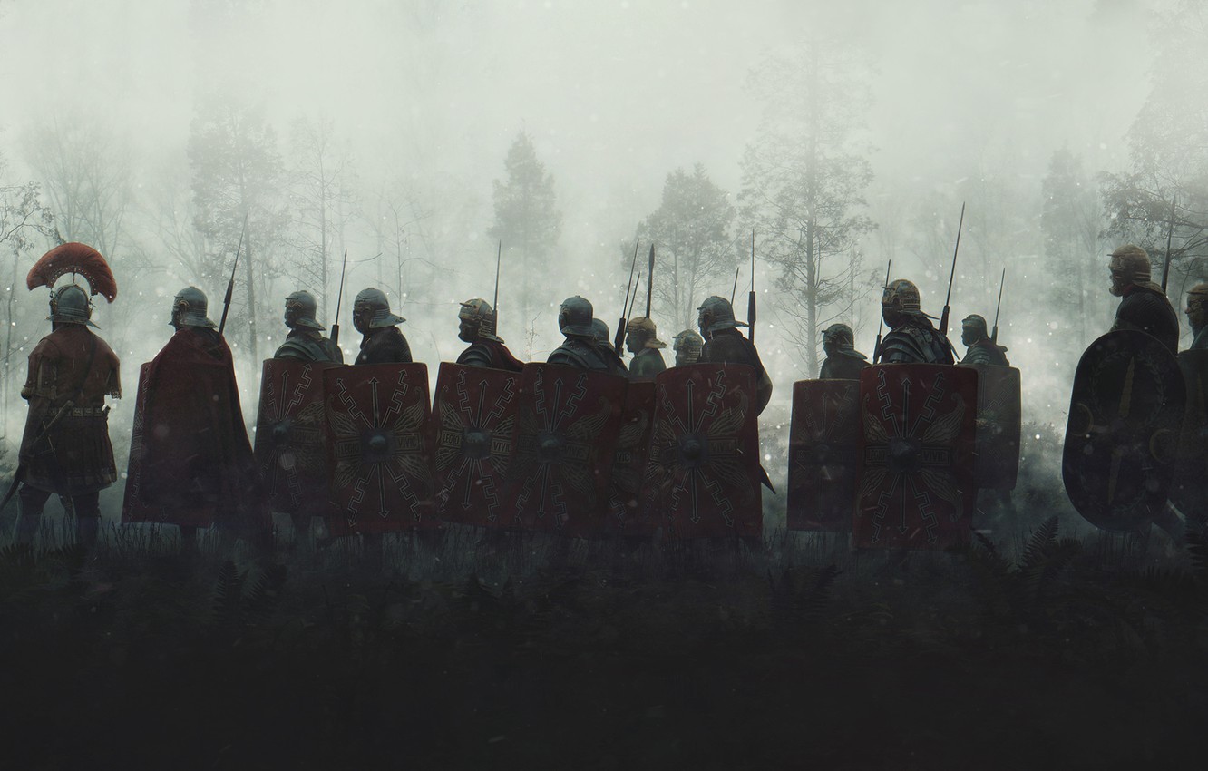 Wallpaper Fog, Morning, Soldiers, War, Legionaries, Shields, The Romans, Evgenij Kungur, by Evgenij Kungur, Legionnaires image for desktop, section рендеринг