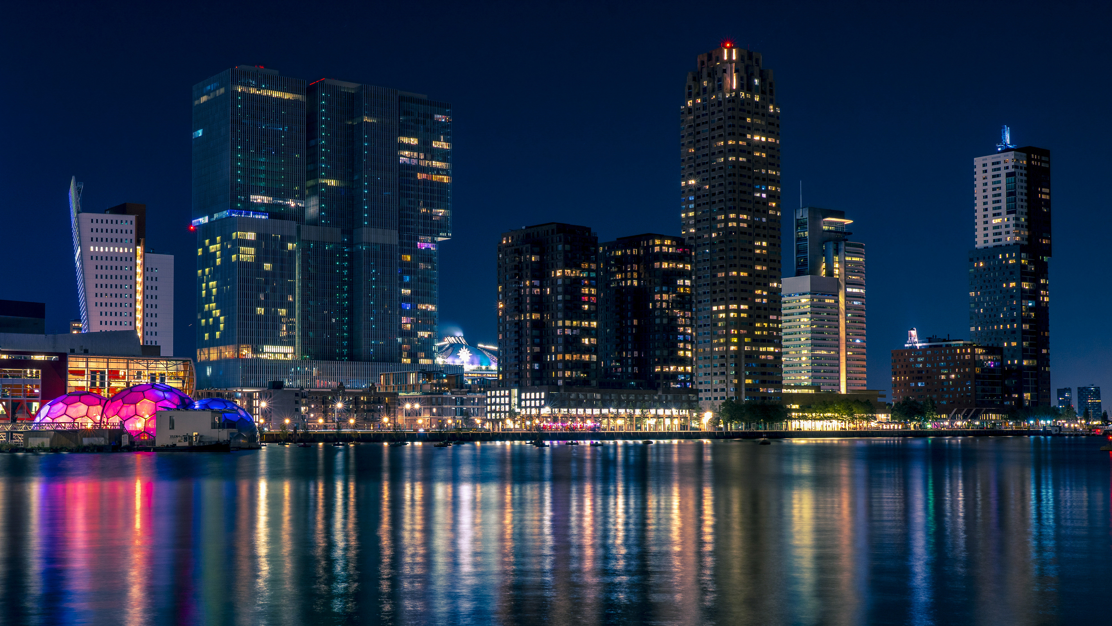 City Skyline, Rotterdam, Netherlands, Nightscape, Cityscape, Body of Water, 4k Free deskk wallpaper, Ultra HD