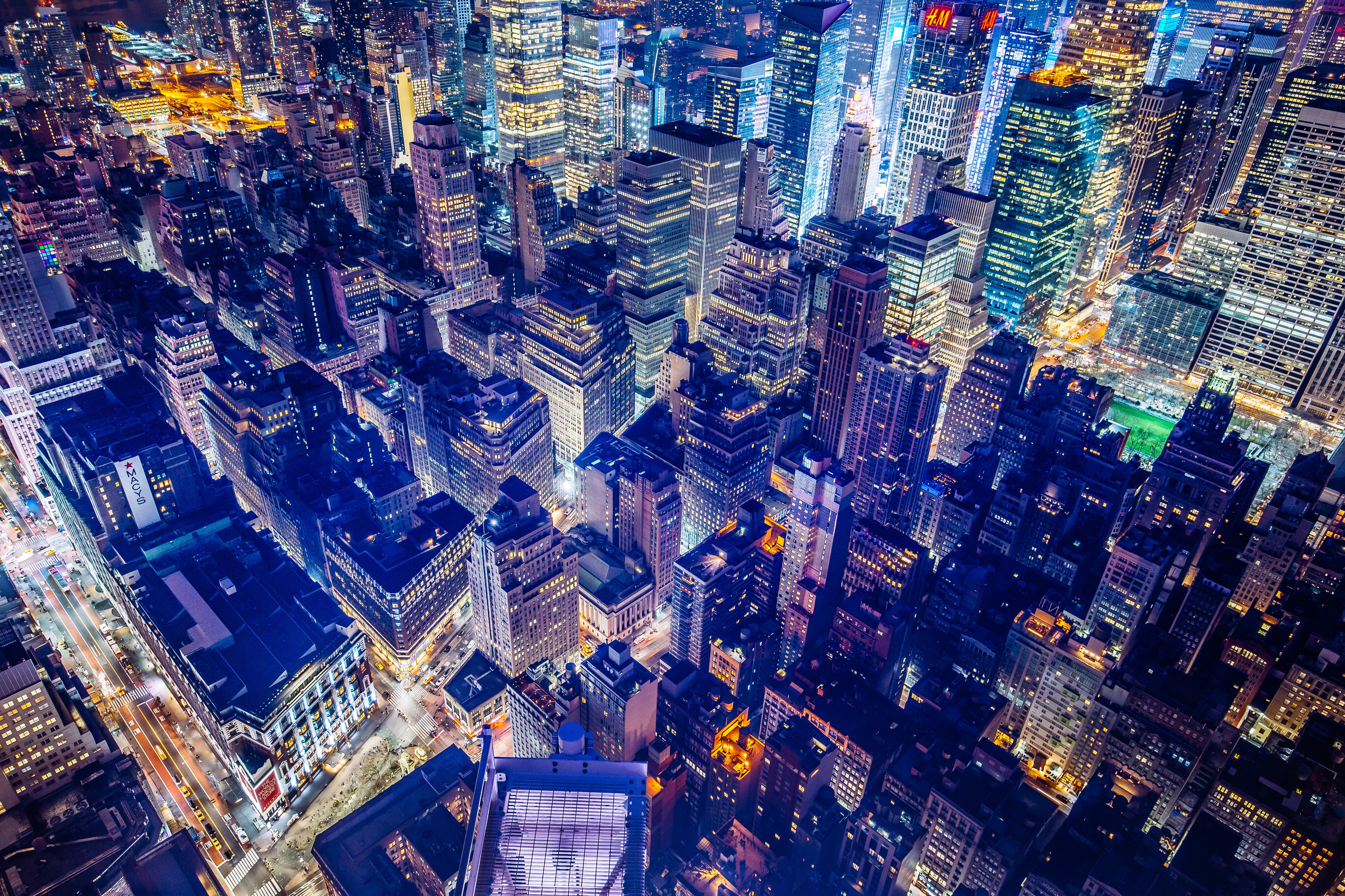 New York City Wallpaper 4K, Aerial view, Cityscape, Nightscape, Night time, World