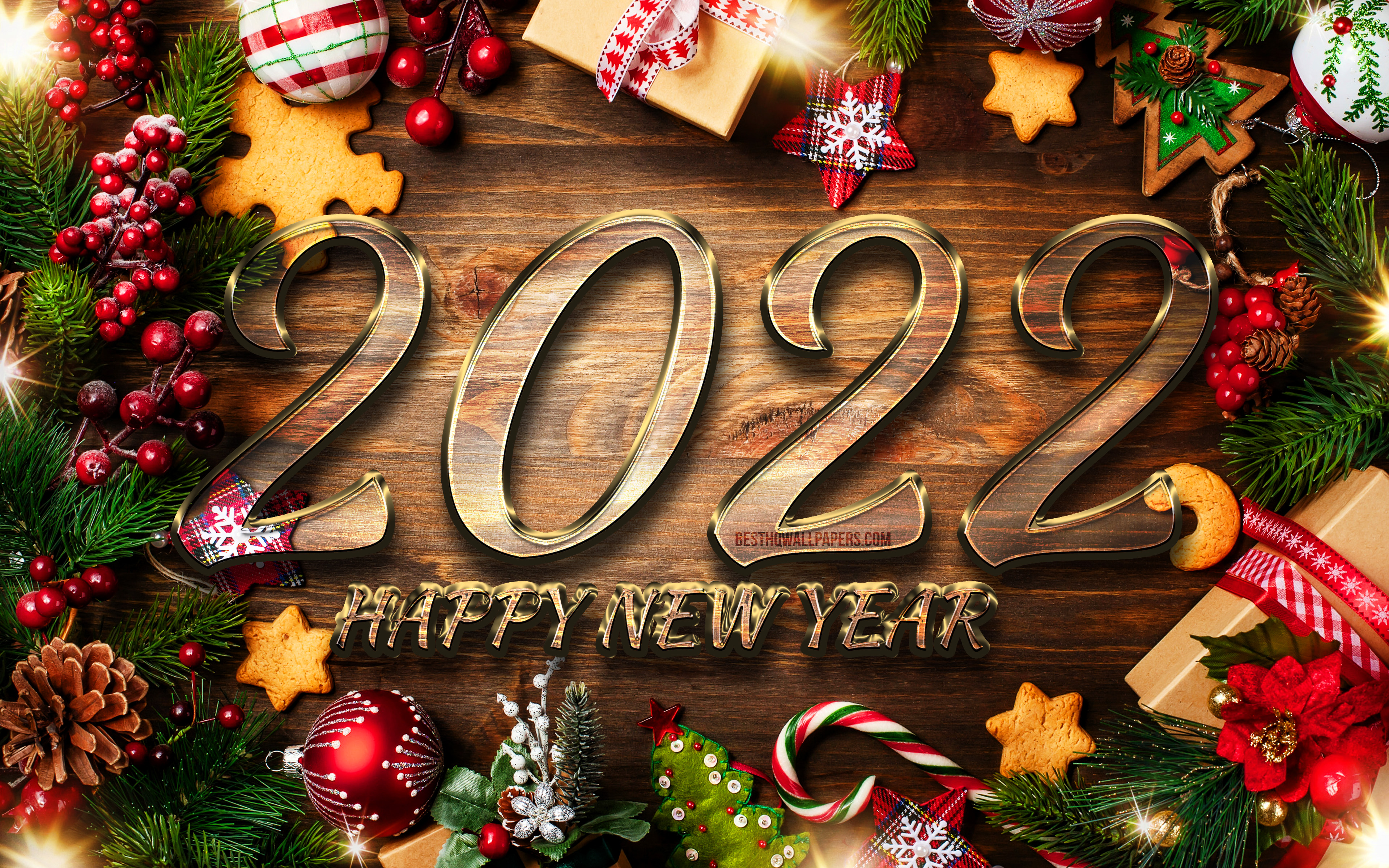 Download wallpaper 4k, 2022 golden 3D digits, christmas frames, Happy New Year wooden background, 2022 concepts, 3D art, 2022 new year, 2022 on wooden background, 2022 year digits, Christmas 2022 for