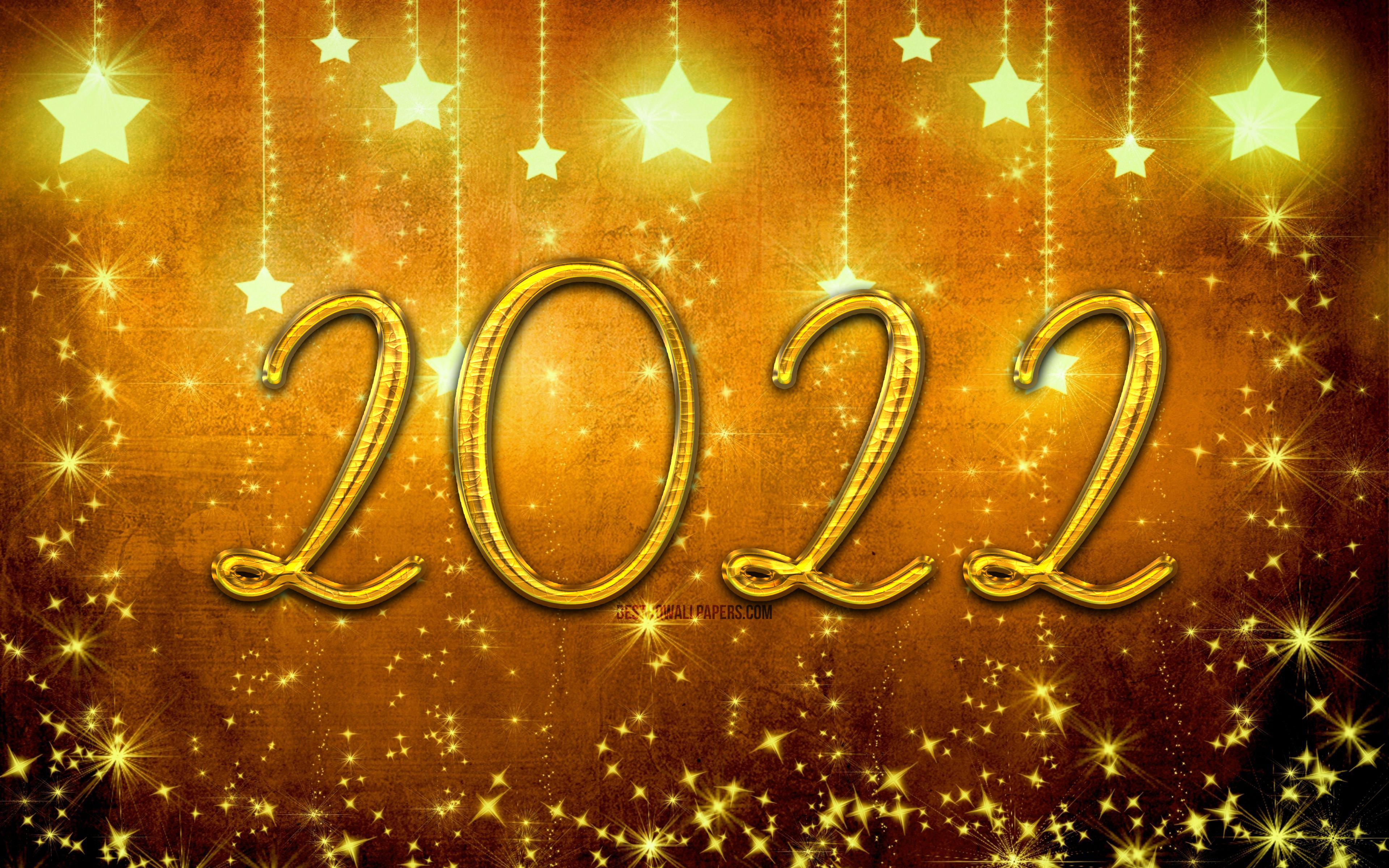 Download wallpaper 4k, 2022 golden 3D digits, stars, Happy New Year christmas decorations, starry background, golden xmas balls, 2022 concepts, 2022 new year, 2022 on yellow background, 2022 year digits for