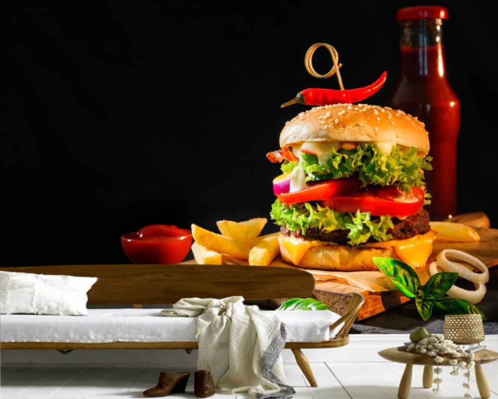 Papel de parede Hamburger Tomatoes Cutting board Food wallpaper, fast food shop living room sofa TV wall kitchen restaurant mural. Wallpaper