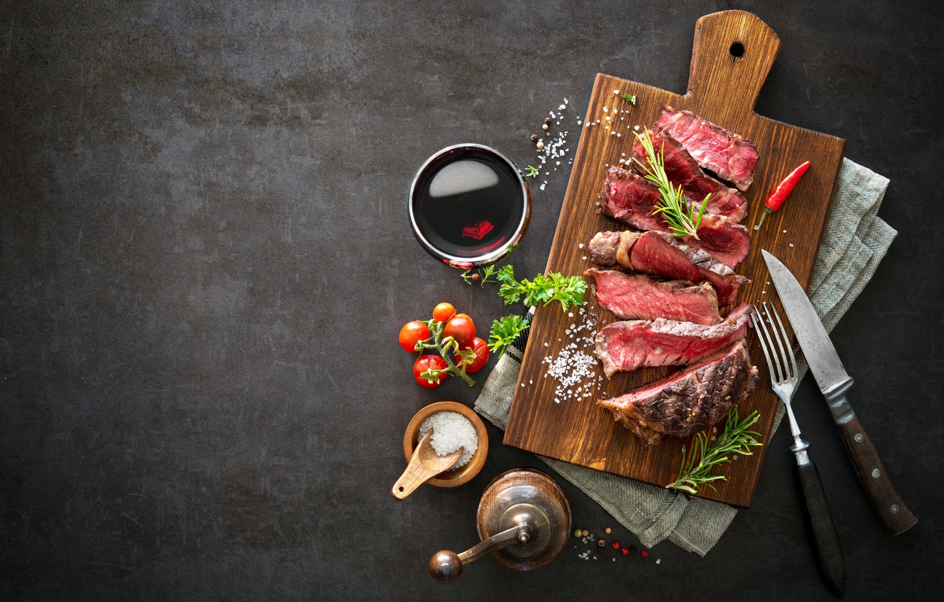 Wallpaper food, meat, tomatoes, spices, cutting Board image for desktop, section еда