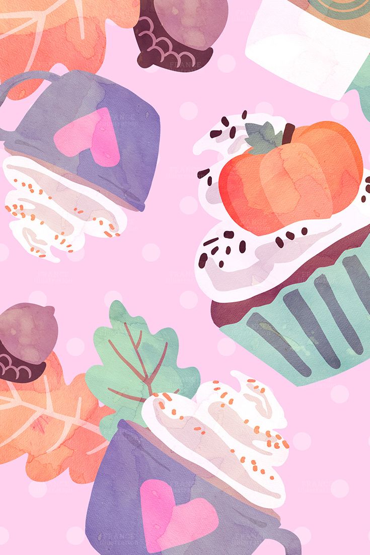 FOR 2. Fall Autumn Treats Digital Paper. Thanksgiving Pumpkin Latte, Squirrel, Cupcake, Turkey. Polka Dot. Food Coffee. Pastel, Pattern. Cute wallpaper, Fall wallpaper, Thanksgiving wallpaper