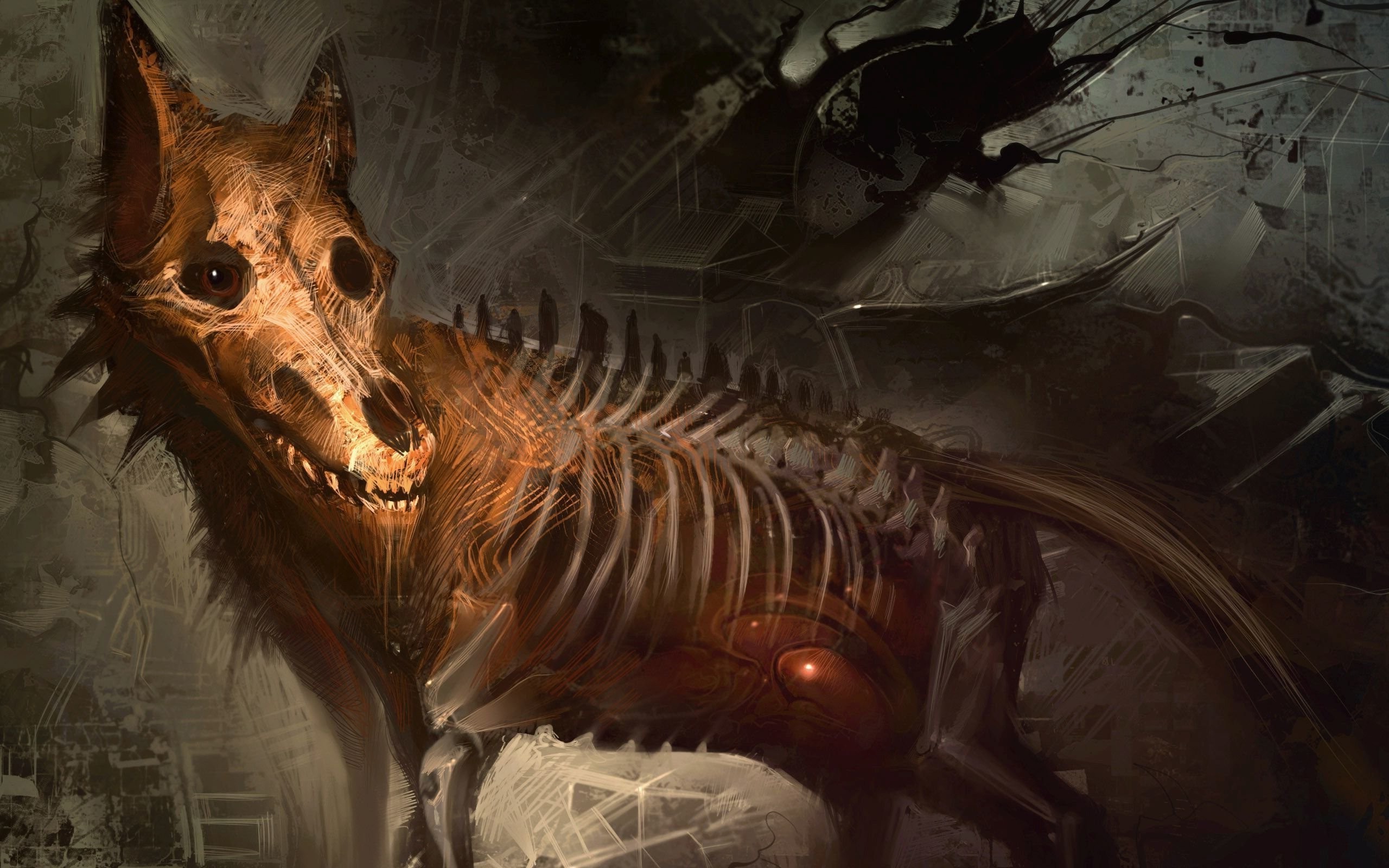 ribs creepy digital art skeleton bones skull animals creature wolf fangs abstract wallpaper