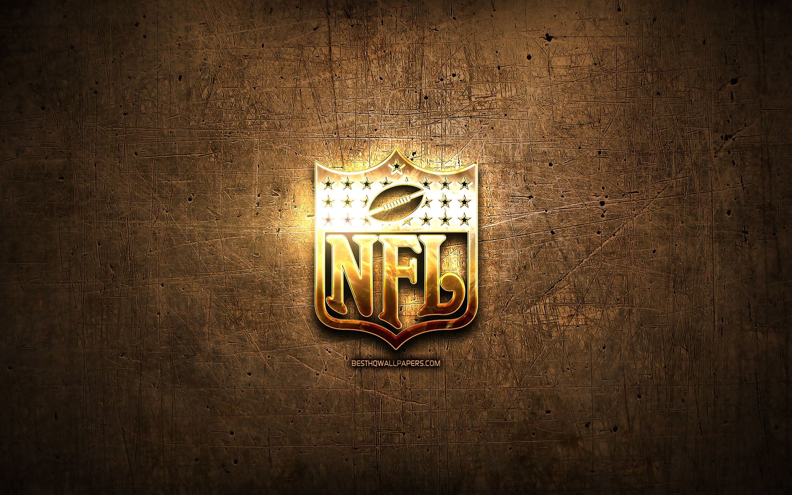 Download wallpaper NFL golden logo, football leagues, artwork, National Football League, brown metal background, creative, NFL logo, brands, NFL for desktop with resolution 2560x1600. High Quality HD picture wallpaper