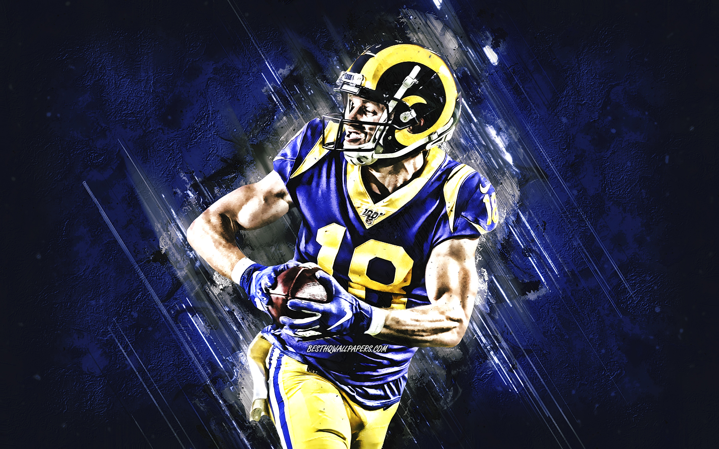 Download wallpaper Cooper Kupp, Los Angeles Rams, NFL, american football, portrait, blue stone background, National Football League for desktop with resolution 2880x1800. High Quality HD picture wallpaper