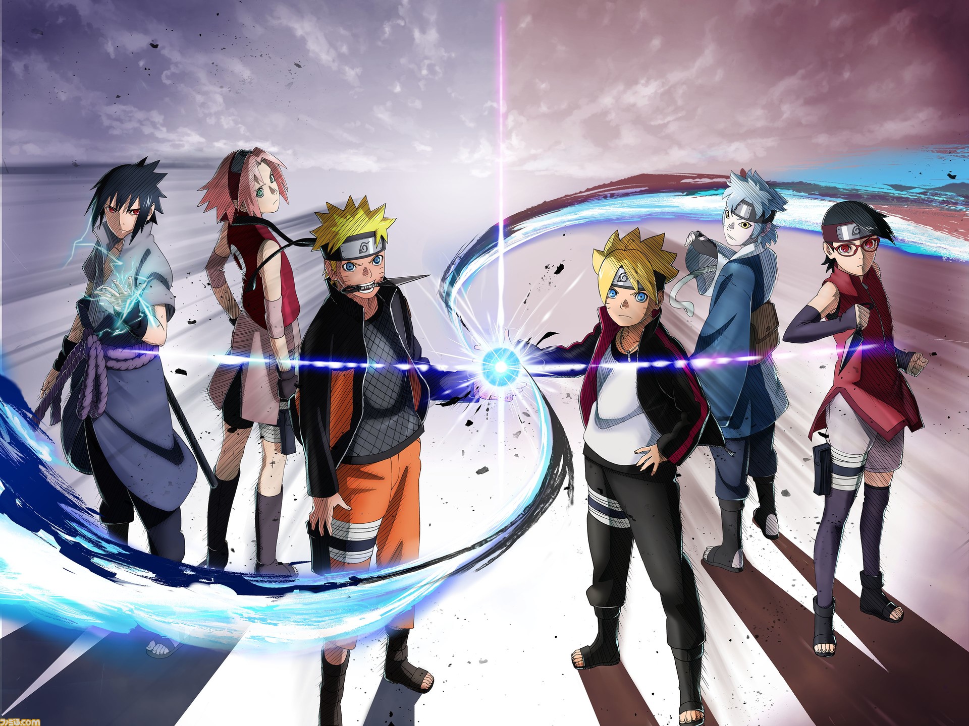 Naruto Uzumaki, Sarada Uchiha, Boruto Uzumaki and Rasengan (Naruto) HD Wallpaper