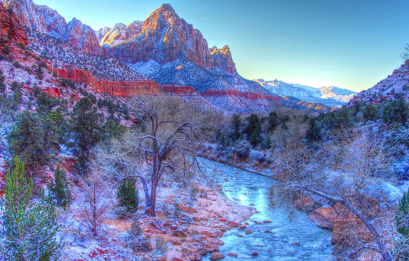 Wallpaper winter, the sky, snow, mountains, river, Utah, USA, zion national park image for desktop, section пейзажи