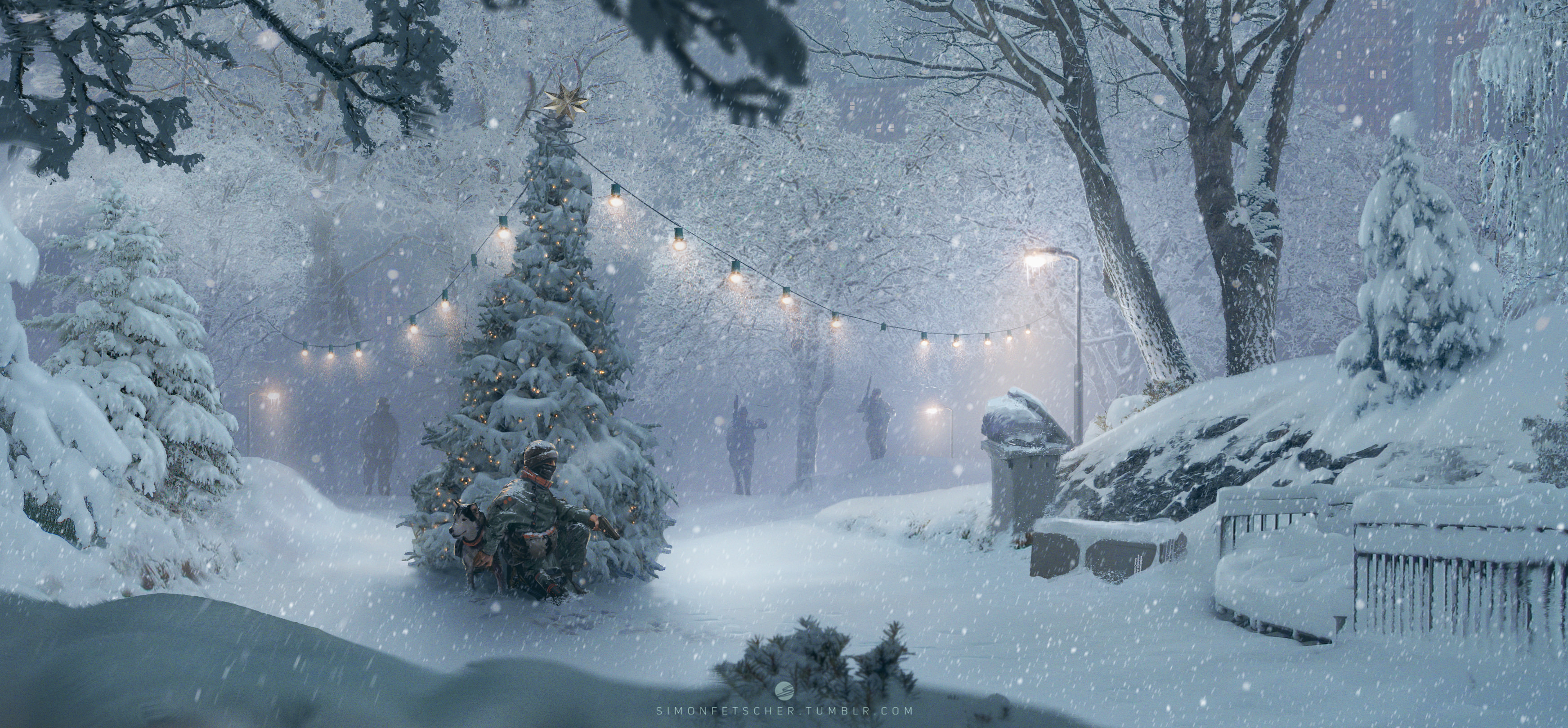Wallpaper, snow, winter, artwork, dog, soldier, military, gun, night, dark, snowing, trees, trash, christmas lights, Christmas Tree 3486x1619