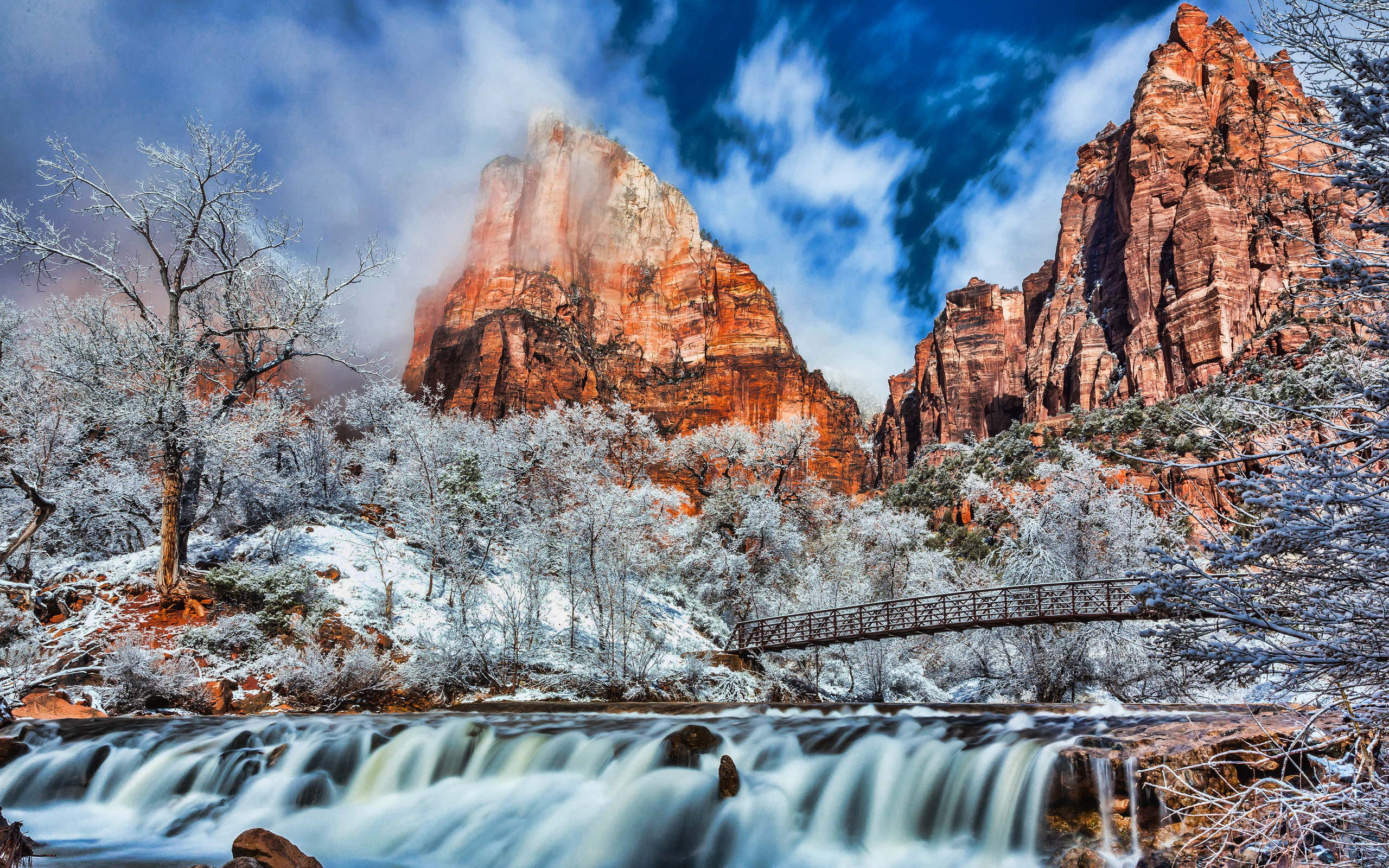 Usa, Zion National Park, Winter, Waterfall, Beautiful At Zion National Parks