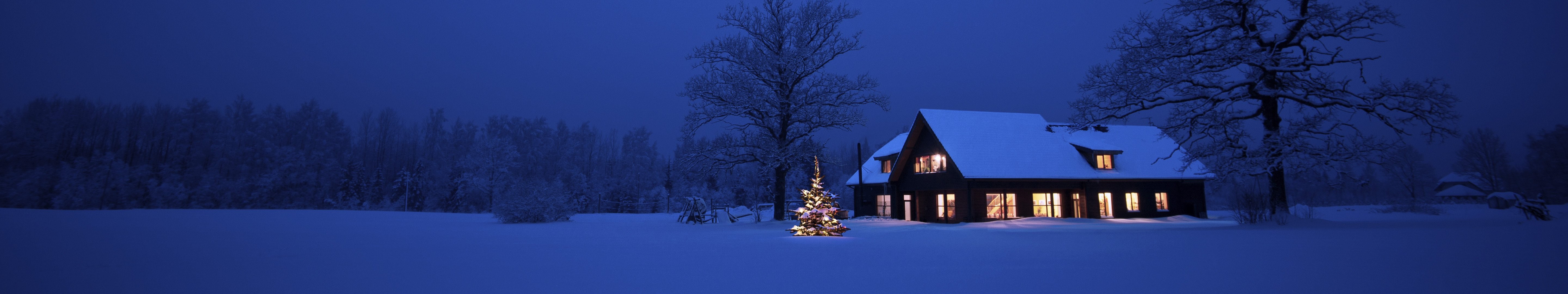 #Christmas Tree, #hut, #holiday, #house, #ultrawide, #winter, # Christmas, #panorama, #blue, #snow, #white, #lights, #trees, #dark, wallpaper. Mocah HD Wallpaper