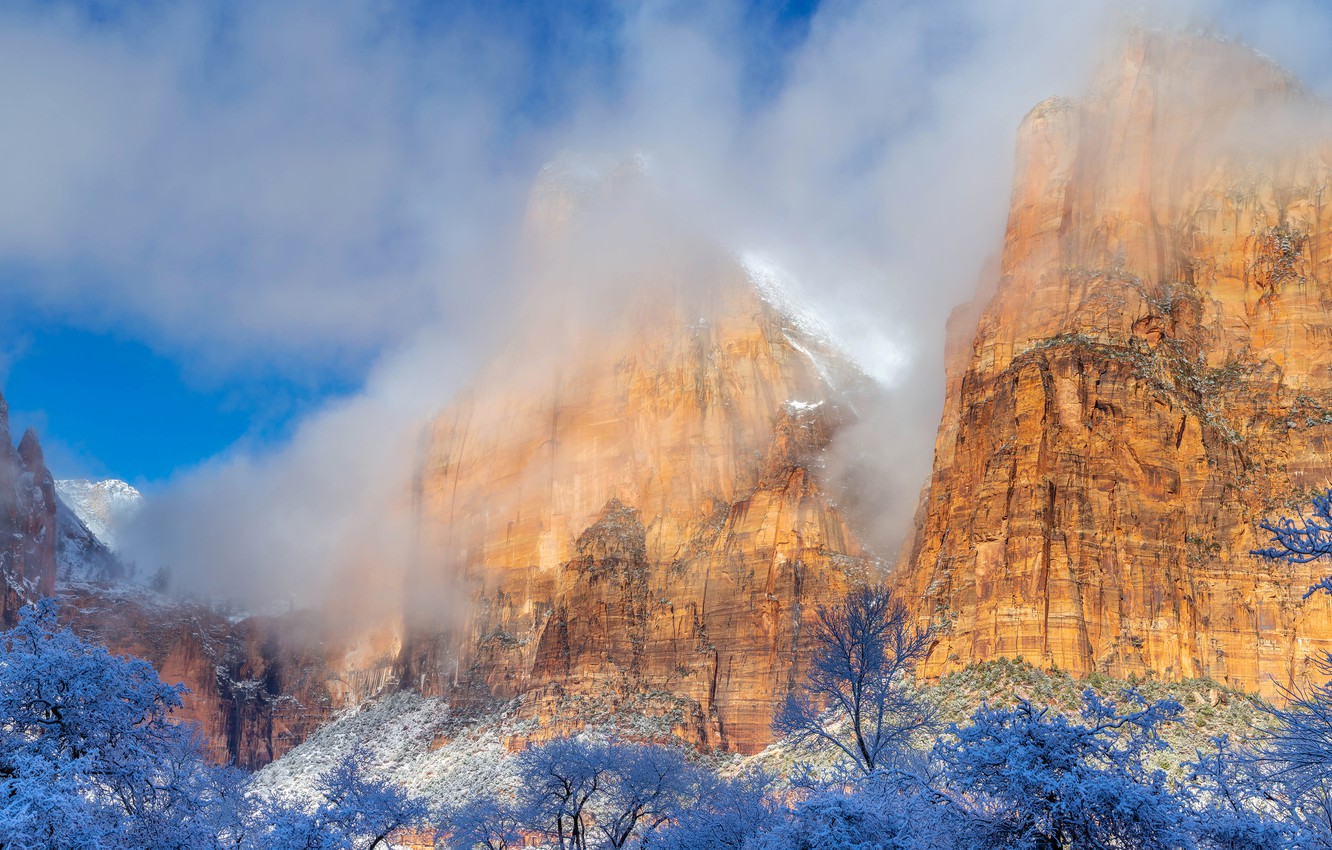 Wallpaper winter, the sun, clouds, snow, trees, mountains, stones, rocks, Utah, USA, Zion National Park, Zion image for desktop, section пейзажи