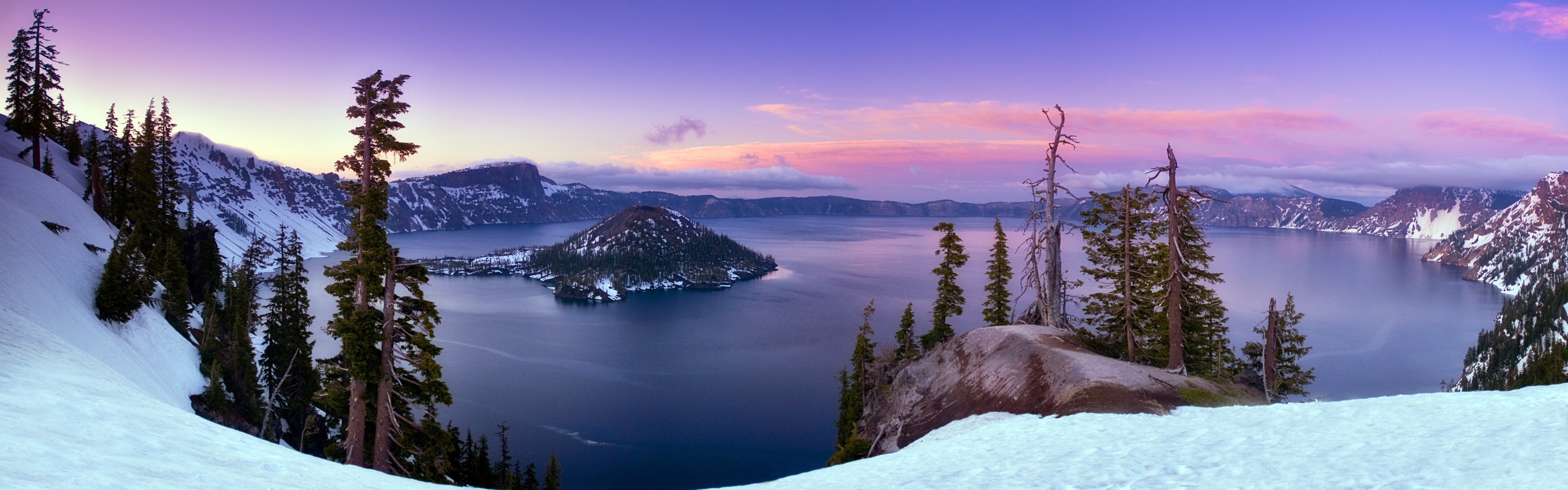 Wallpaper Crater Lake, snow, trees, Klamath County, Oregon, USA 3840x1200 Multi Monitor Panorama Picture, Image