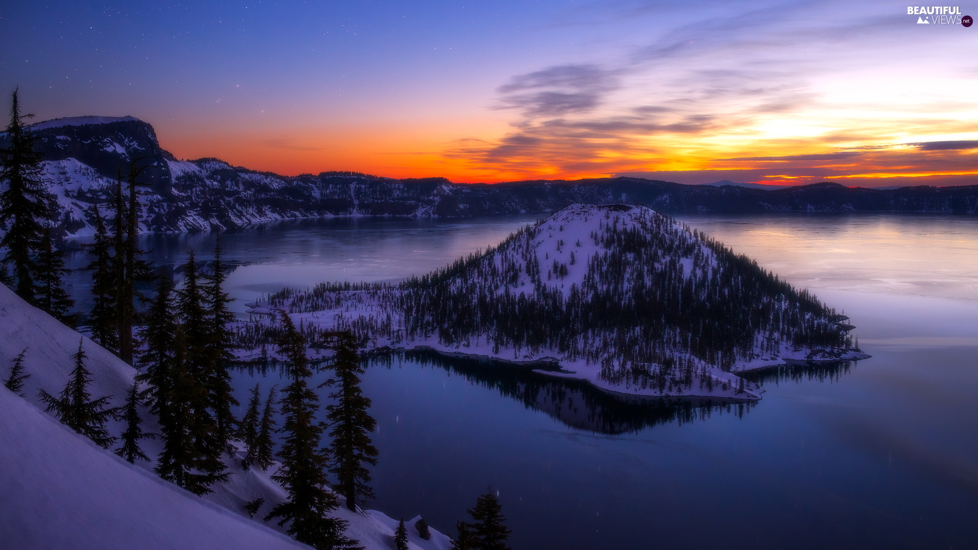 Great Sunsets, Crater Lake National Park, trees, Mountains, snow, The United States, State of Oregon, Island of Wizard, Crater Lake, winter, viewes views wallpaper: 1920x1080