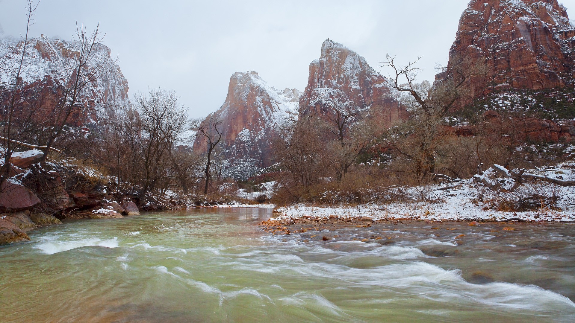 Wallpaper Zion National Park, mountains, river, snow, trees, winter, USA 1920x1080 Full HD 2K Picture, Image