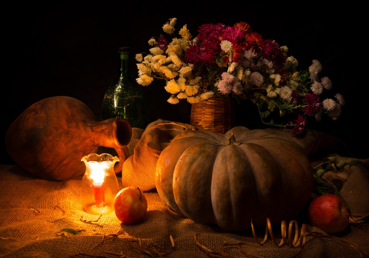 Wallpaper, painting, flowers, pumpkin