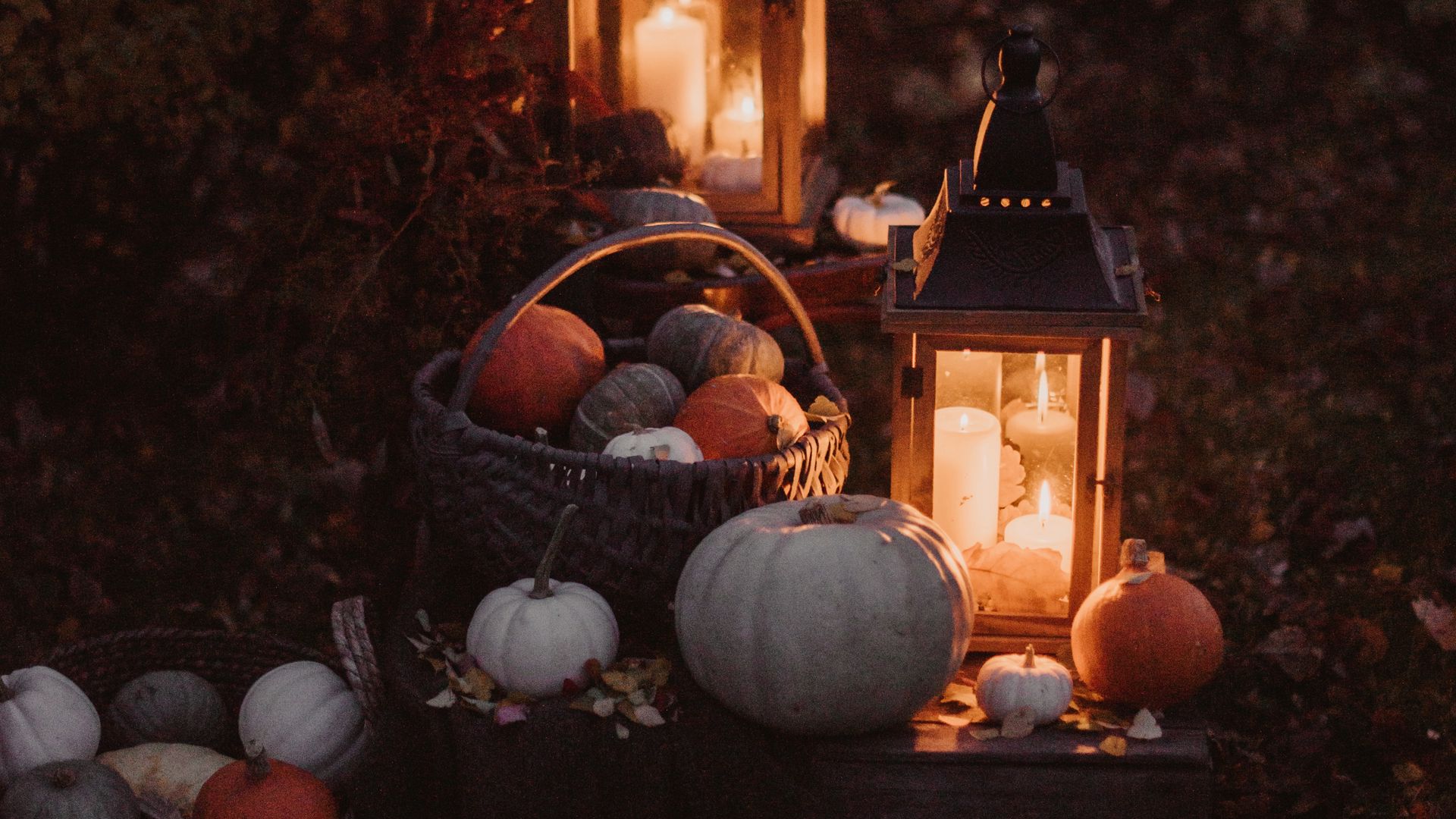 Download wallpaper 1920x1080 pumpkin, basket, lights, autumn, candles, light full hd, hdtv, fhd, 1080p HD background